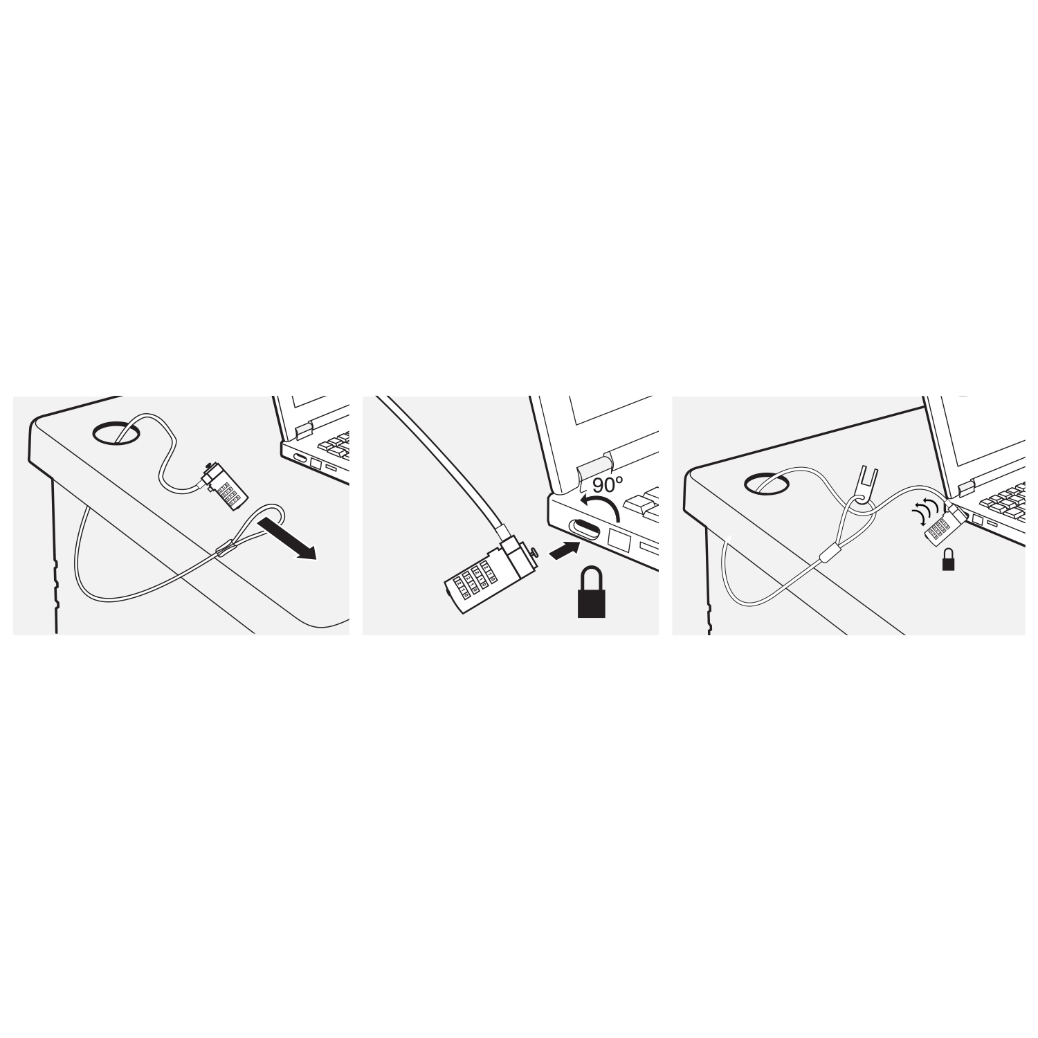 Diagrama muestra un cable de seguridad para portátil conectado a un portátil y un escritorio, con un candado de combinación.