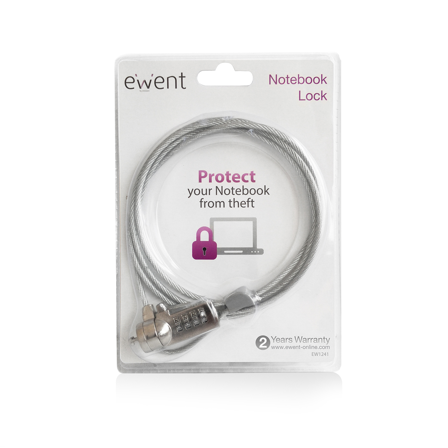 Un candado para portátil empaquetado. Un cable plateado con cerradura de combinación enrollado en un estuche de plástico transparente, etiquetado como 'Notebook Lock'.