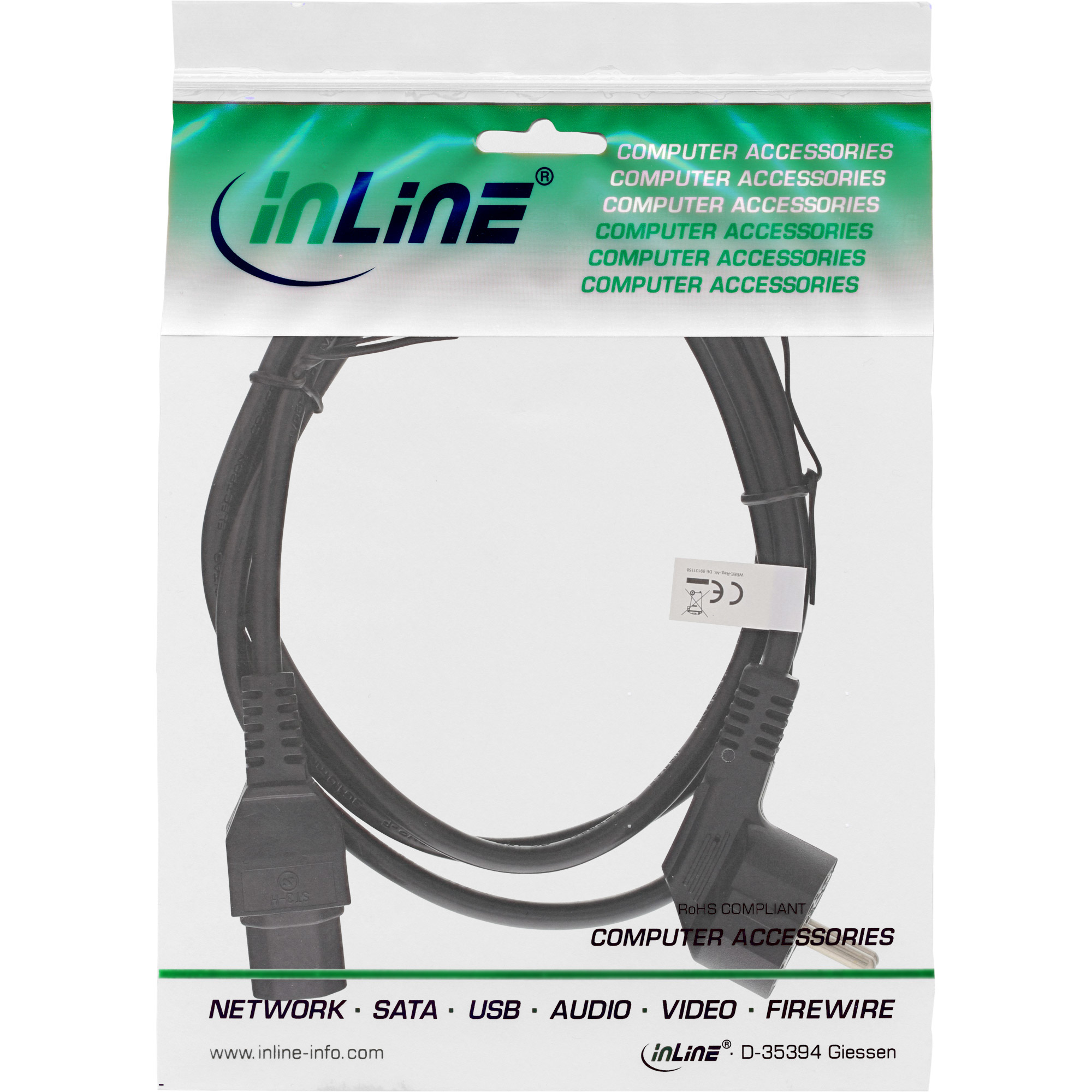 Ein Computerkabel in einer Plastikverpackung mit der Marke 'inLine'. Die Verpackung hat Text für 'Computerzubehör'.