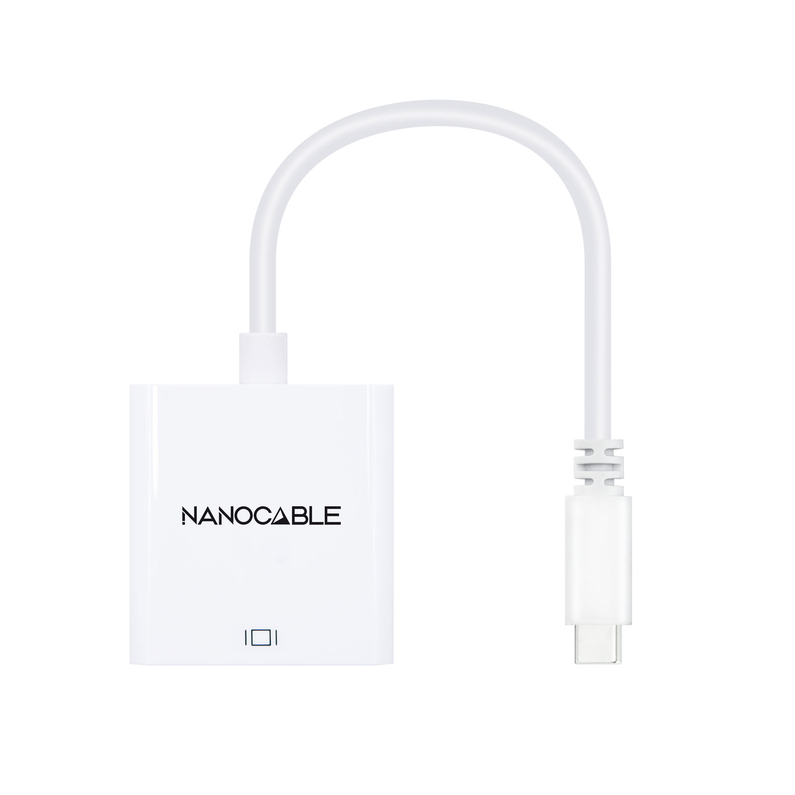 Un adaptador Nanocable blanco con un cable blanco, conectado a un conector USB-C. El fondo es blanco.