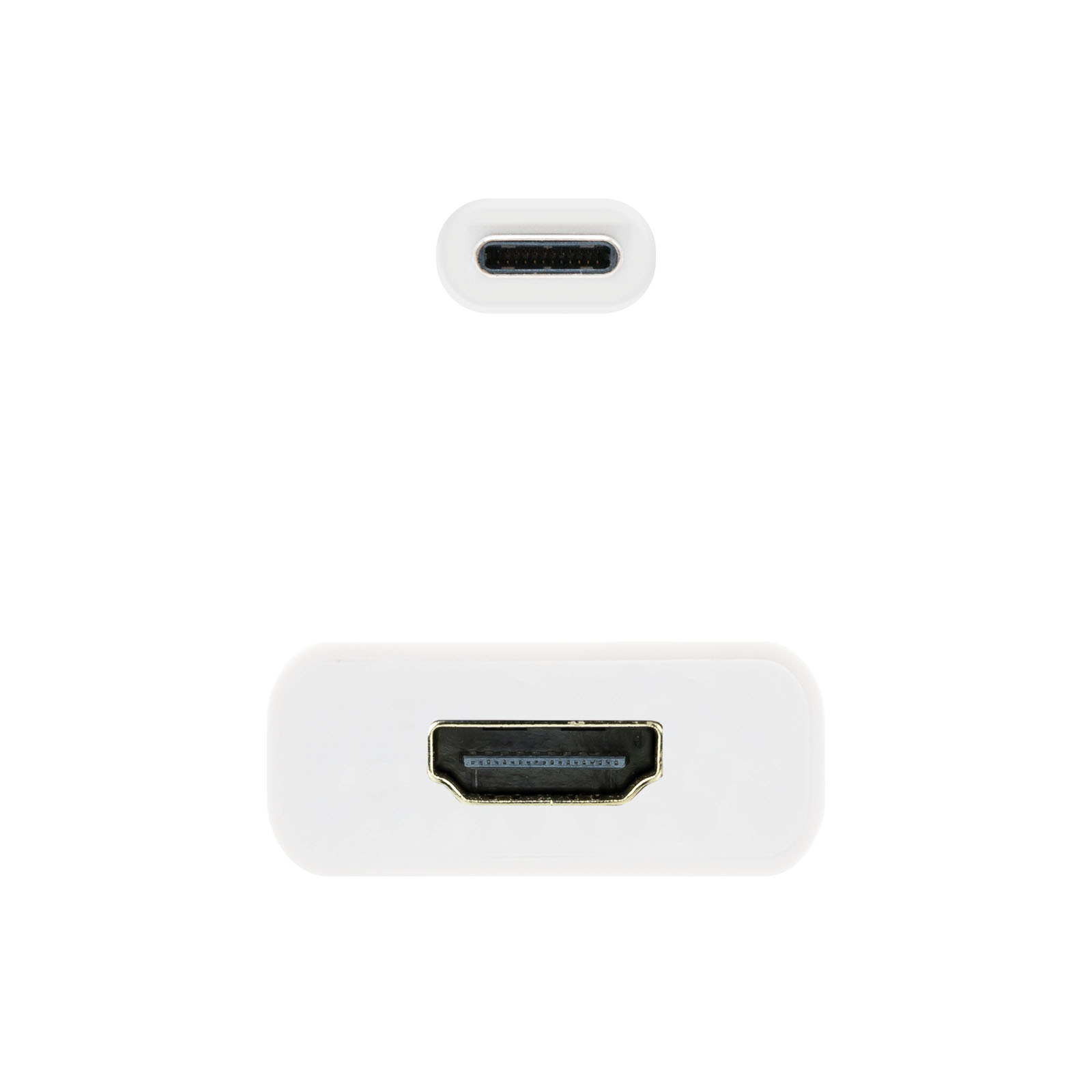 Vista superior de adaptadores USB-C y HDMI blancos. El adaptador HDMI está debajo del USB-C.