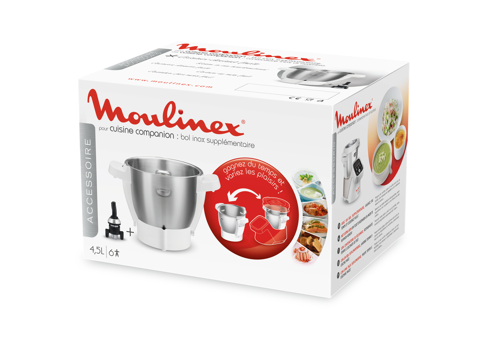 Eine Moulinex-Box zeigt ein Küchengerät mit Zubehör. Sie zeigt Essensbilder und Text auf Englisch und Französisch.