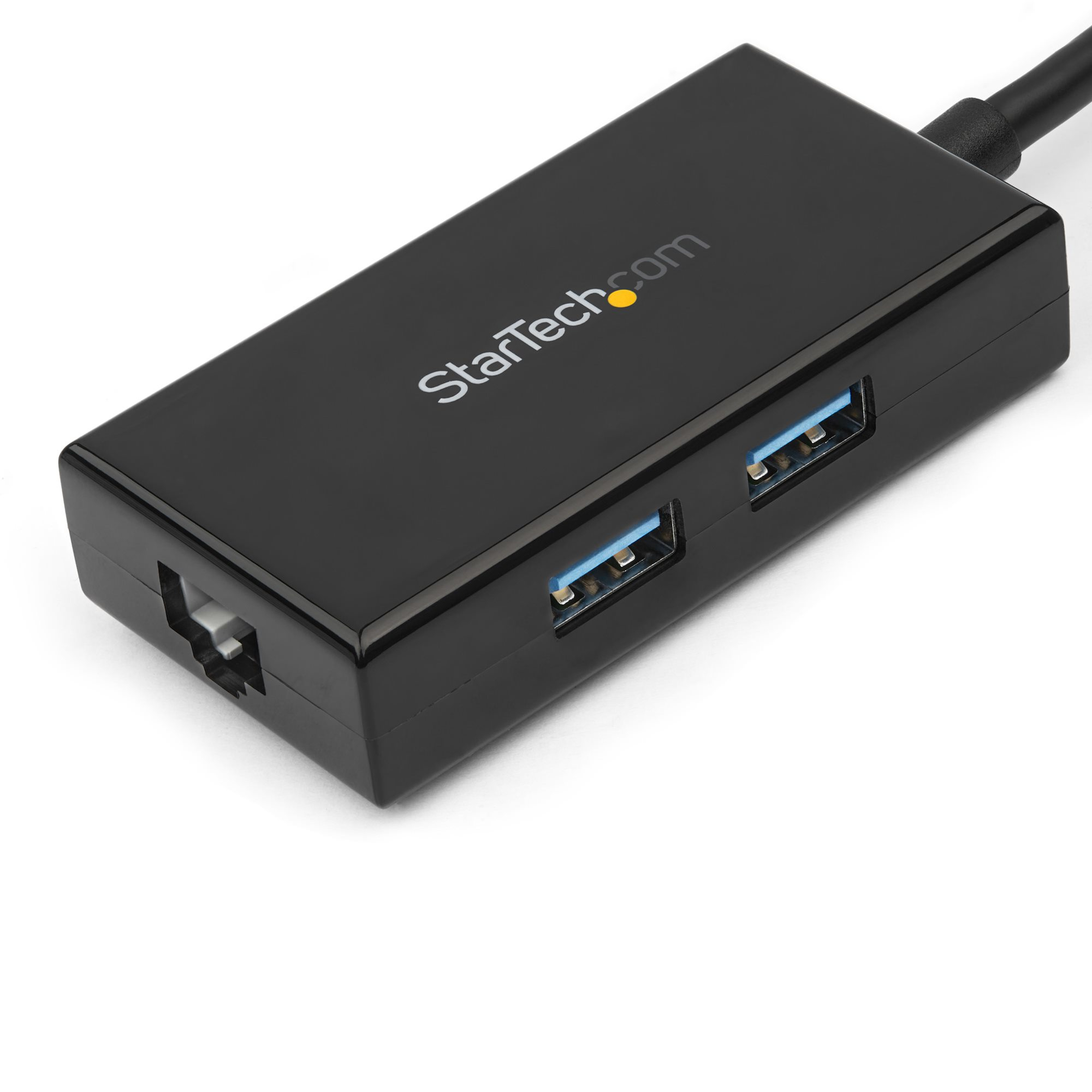 Schwarzer USB-Hub mit zwei Anschlüssen und einem Kabel. Das Logo von StarTech.com ist sichtbar. Weißer Hintergrund.