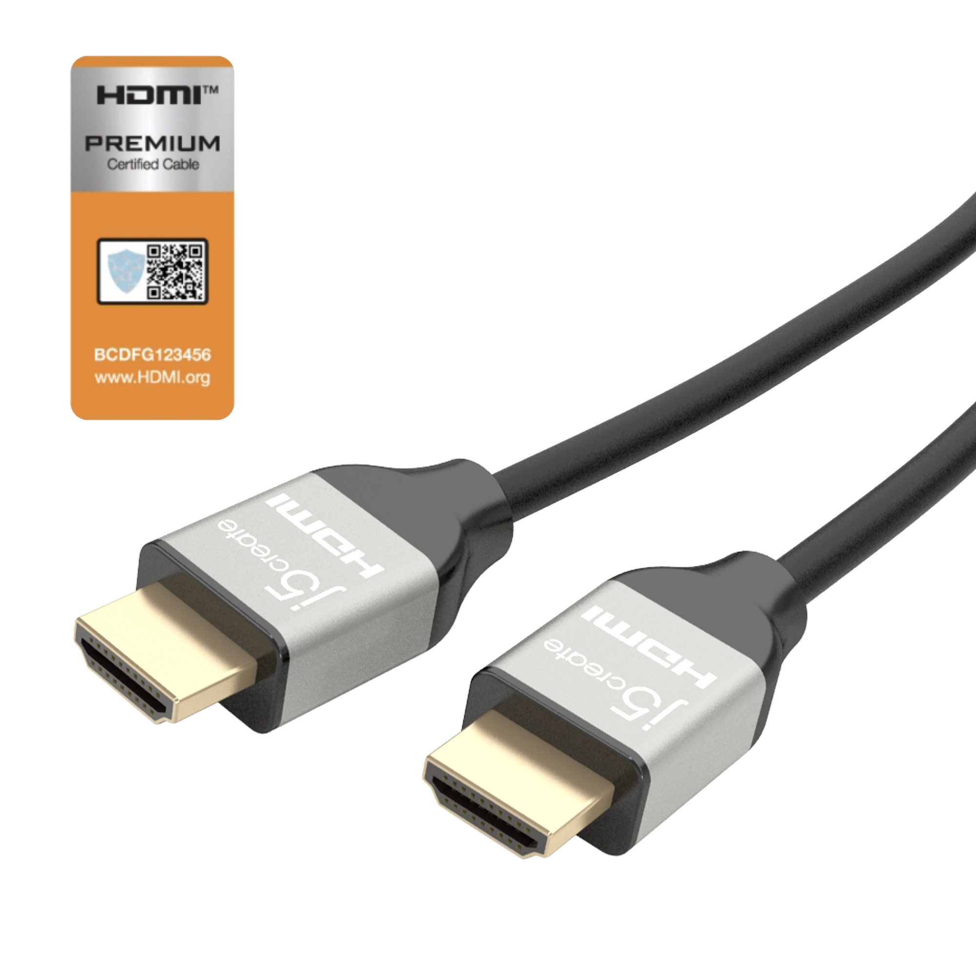 HDMI-Kabel mit silbernen Anschlüssen und schwarzem Kabel. HDMI Premium Certified Cable-Aufkleber links oben.