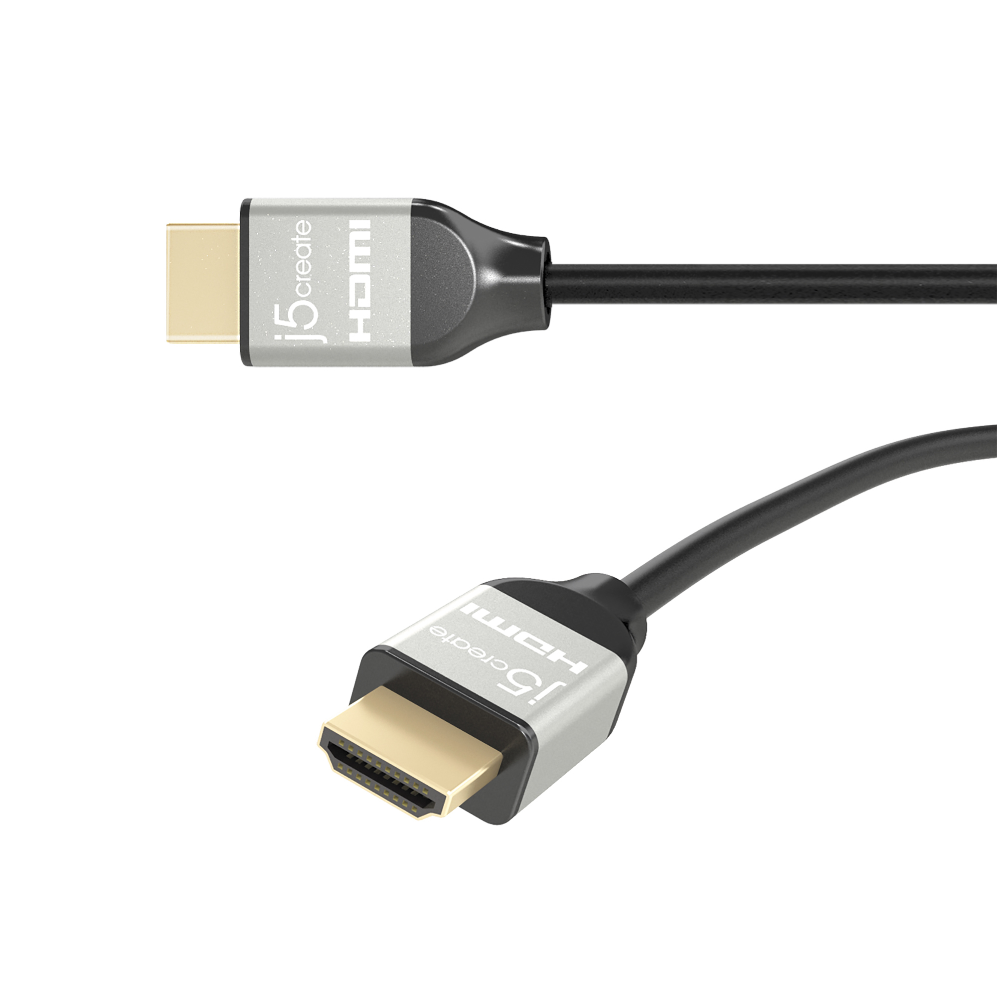 Zwei HDMI-Kabel. Silberne Stecker mit 'j5create HDMI'-Text. Schwarze Kabel auf weißem Hintergrund.