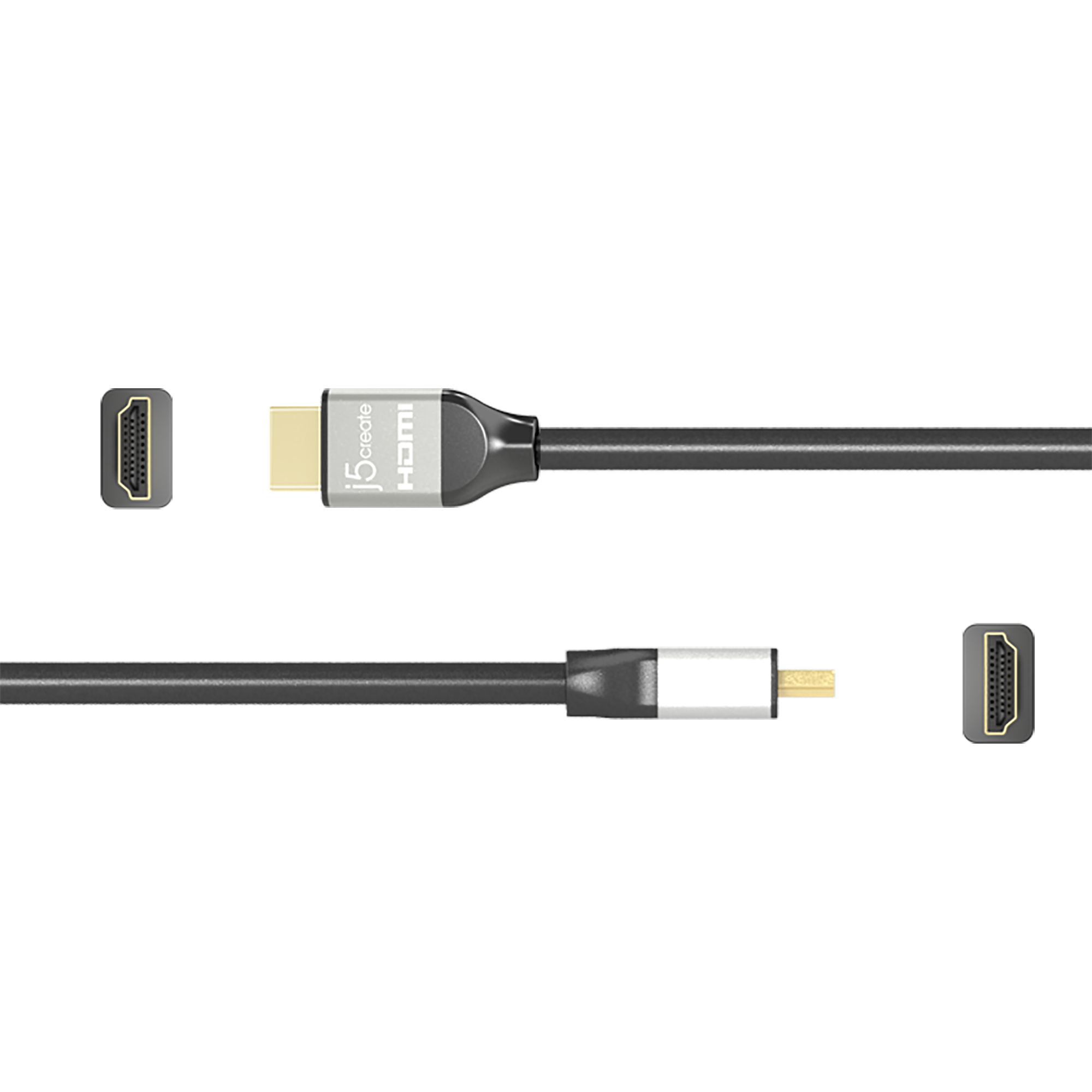 Ein HDMI-Kabel mit Anschlüssen an beiden Enden. Ein Anschluss ist silberfarben mit dem Markennamen. Das Kabel ist schwarz.