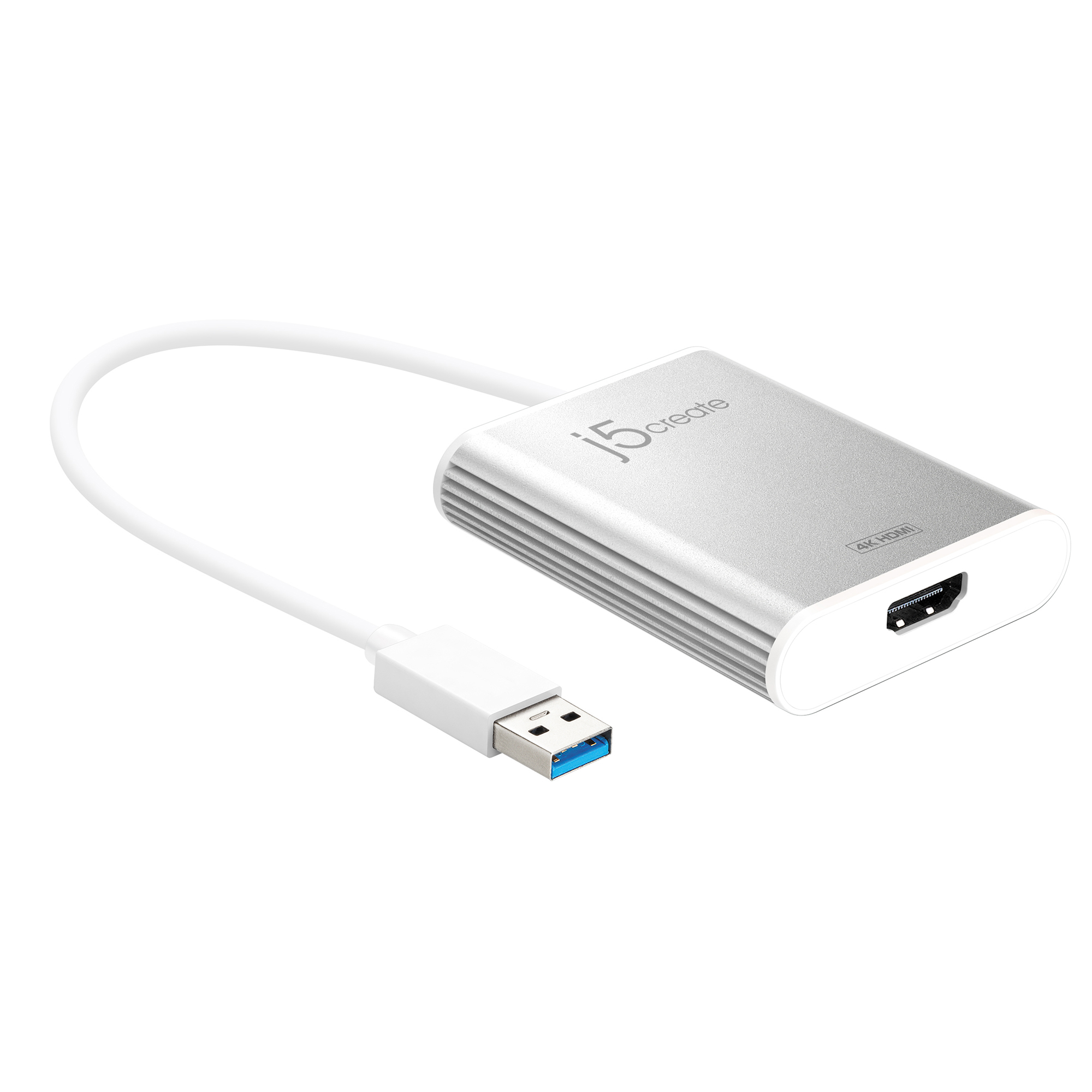 Adaptador plateado j5create con cable blanco y conector USB. Puerto HDMI visible. Etiqueta 4K HDMI.