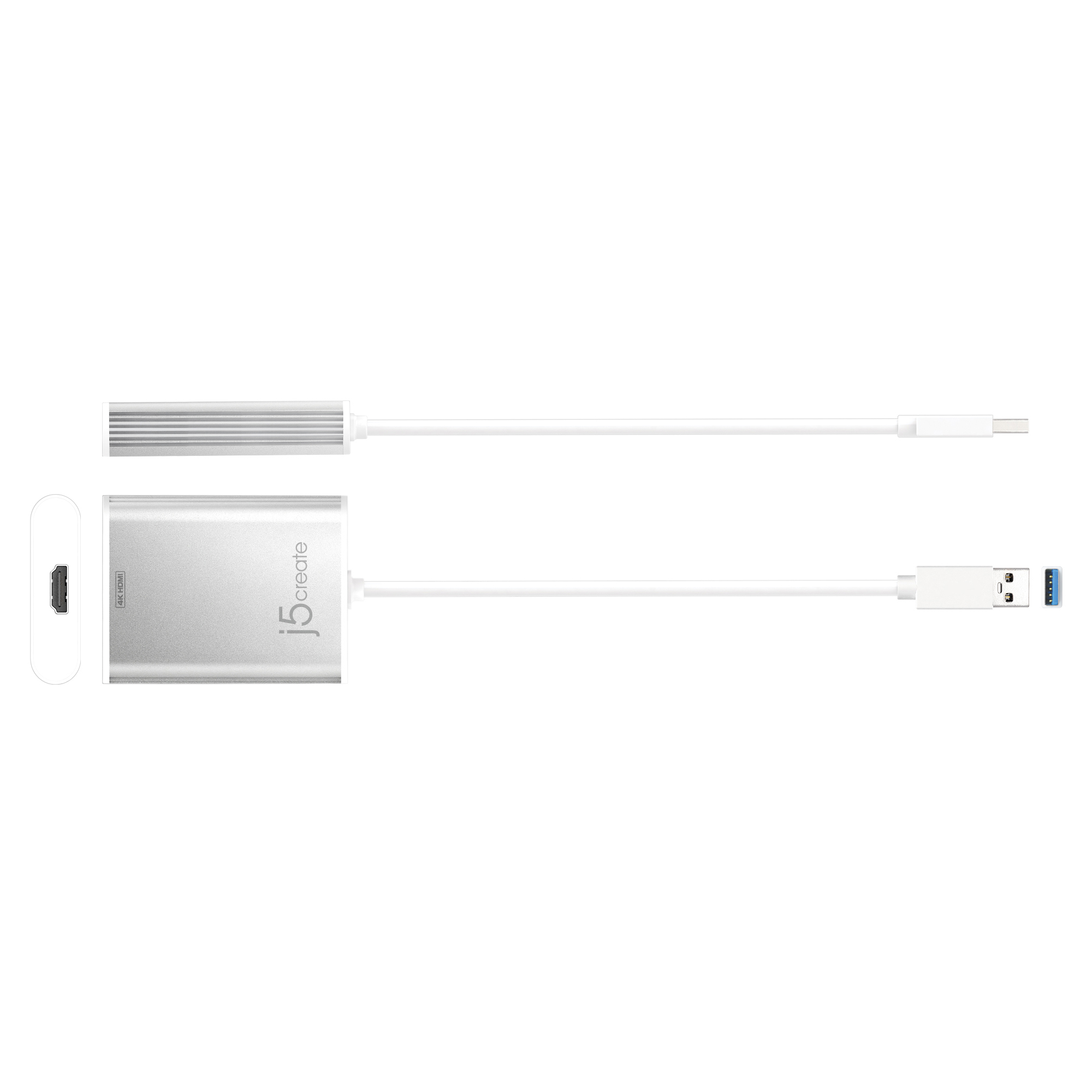 Adaptador j5create plateado con conectores HDMI y USB. Cables blancos se extienden a conectores USB-A y USB-C.
