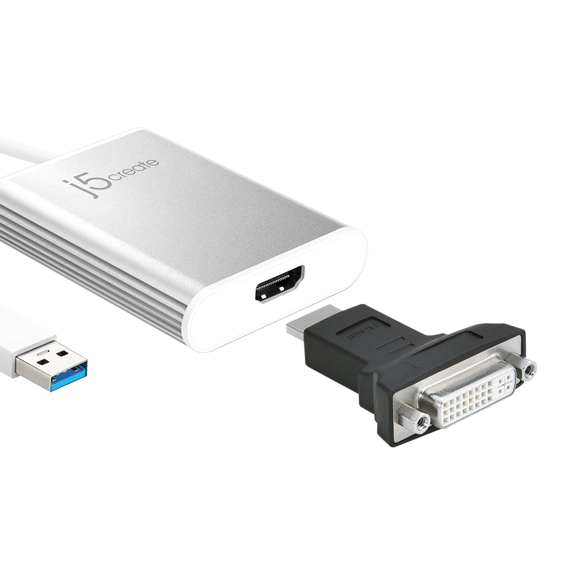 Adaptador HDMI plateado con cable USB y adaptador DVI negro sobre fondo blanco.