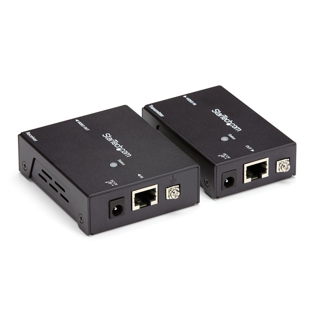 Zwei schwarze StarTech.com-Geräte mit den Bezeichnungen Receiver und Transmitter. Sie haben Anschlüsse für Video- und Ethernet-Verbindungen.