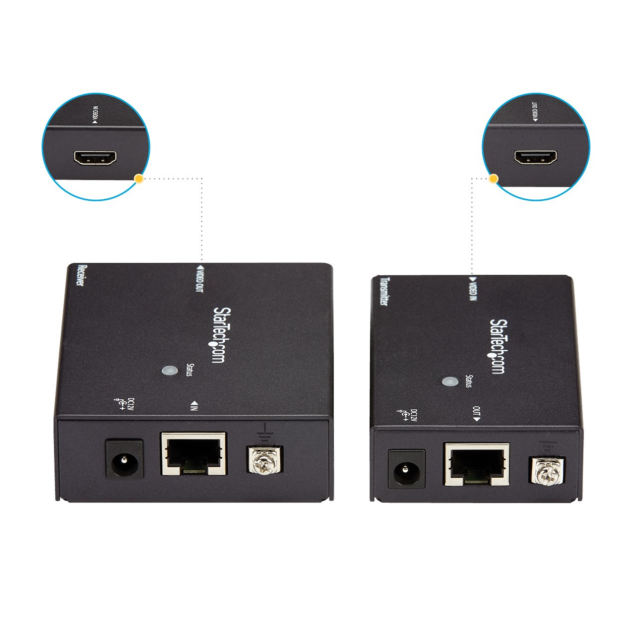 Zwei schwarze StarTech.com-Boxen mit Anschlüssen, Beschriftungen und Stromeingängen. Eine ist mit 'Receiver' beschriftet, die andere mit 'Transmitter'.