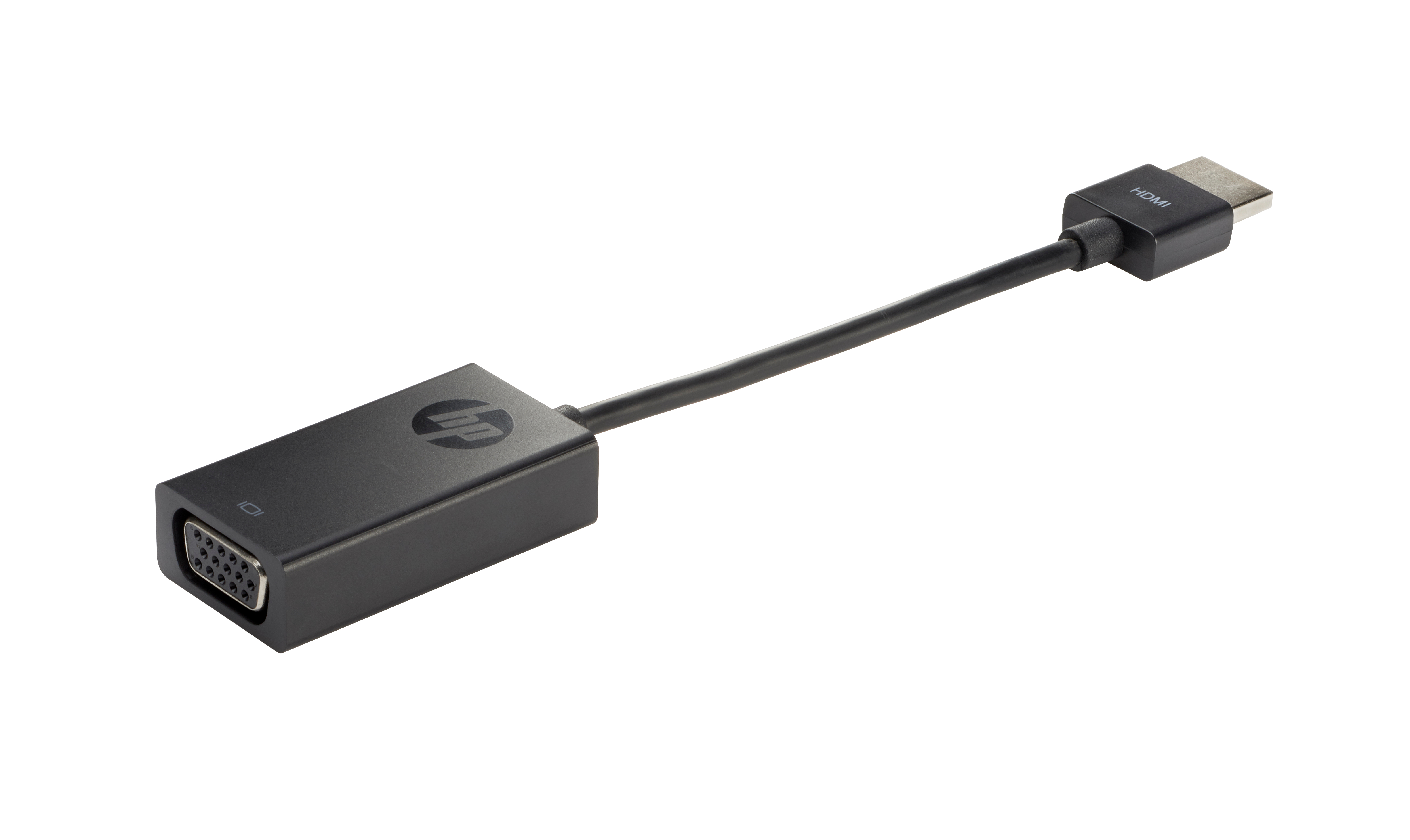 Un adaptador HP HDMI a VGA negro. El adaptador tiene un conector HDMI, un conector VGA y un cable negro.