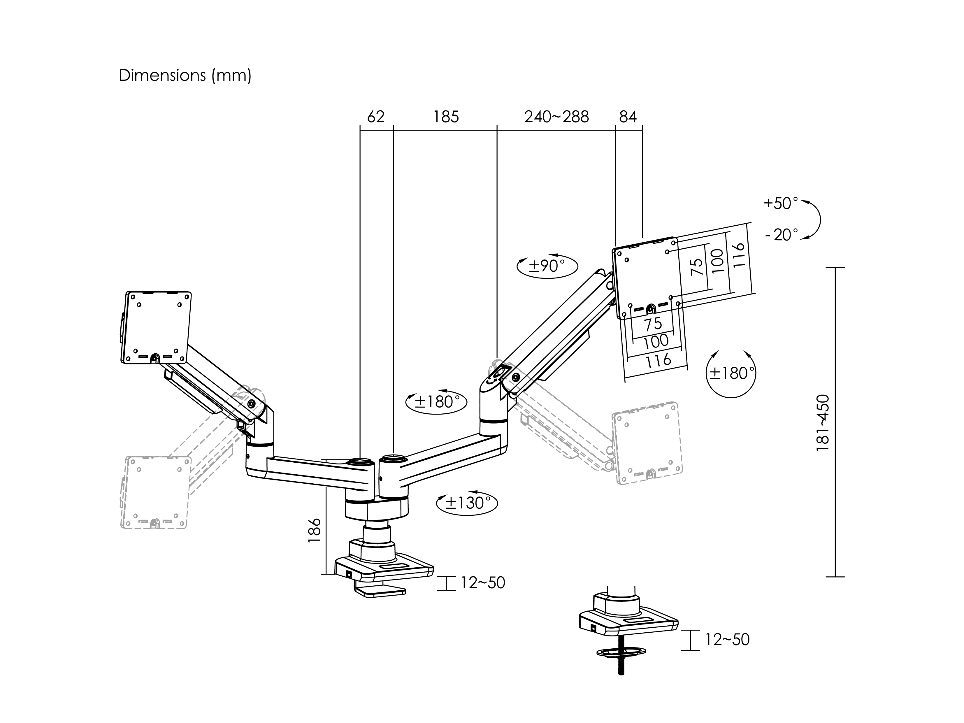 Diagram van een monitorarm met afmetingen en hoeken. Het is een technische tekening in zwart en wit.