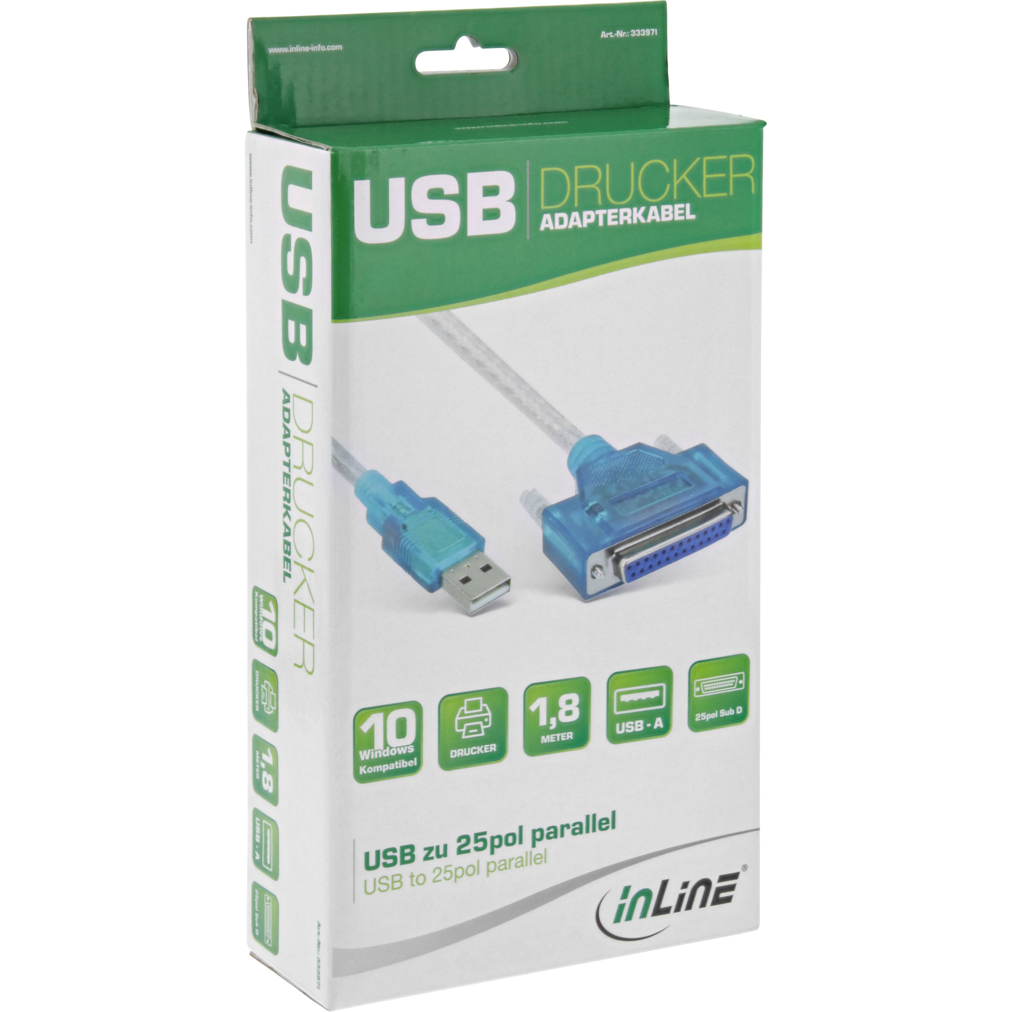 Verpacktes USB-auf-25-poliges Parallel-Adapterkabel. Es ist blau mit weißem Text. Enthält einen USB-A- und einen 25-poligen Stecker.