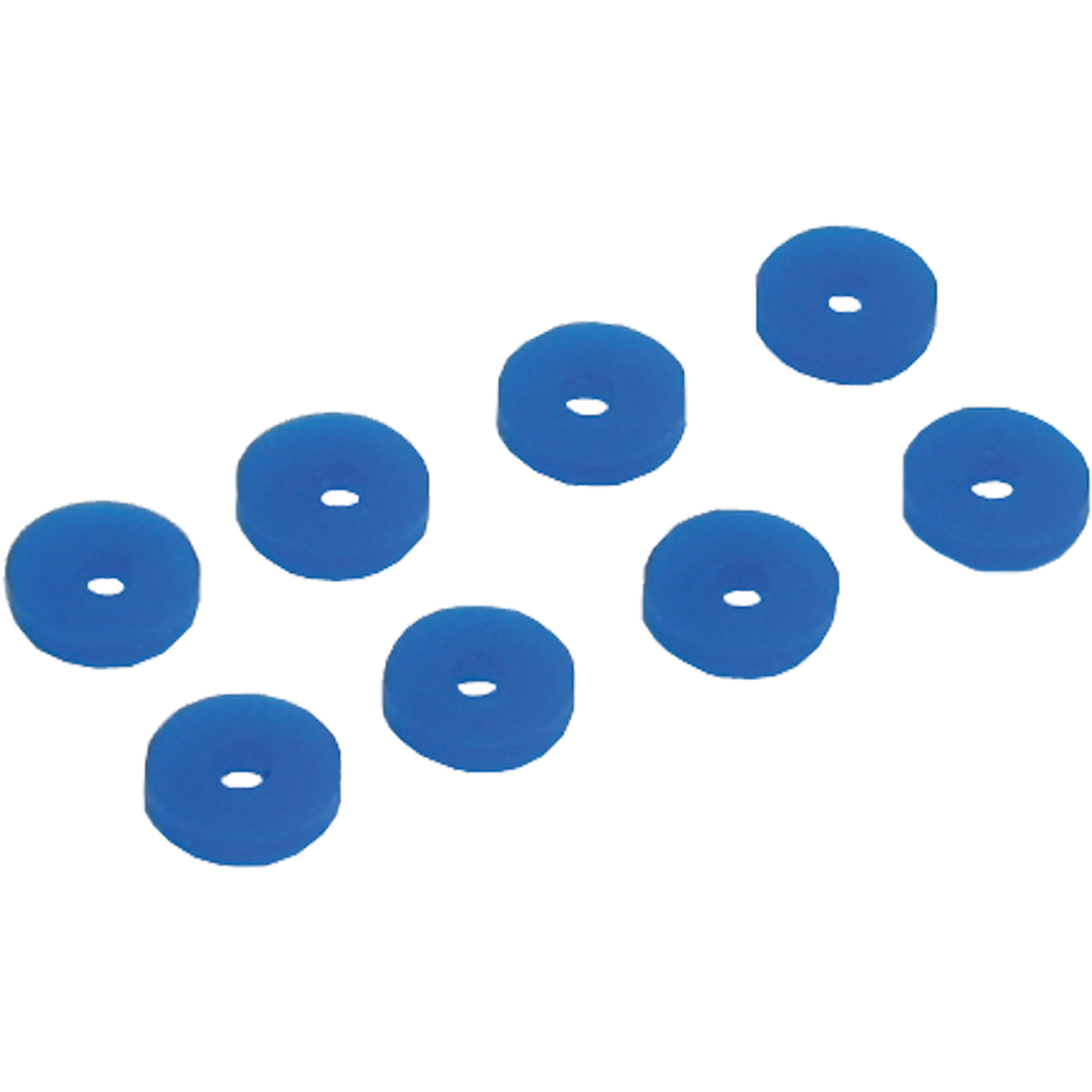 Acht blaue, kreisförmige Unterlegscheiben mit Mittellöchern sind auf weißem Hintergrund angeordnet.