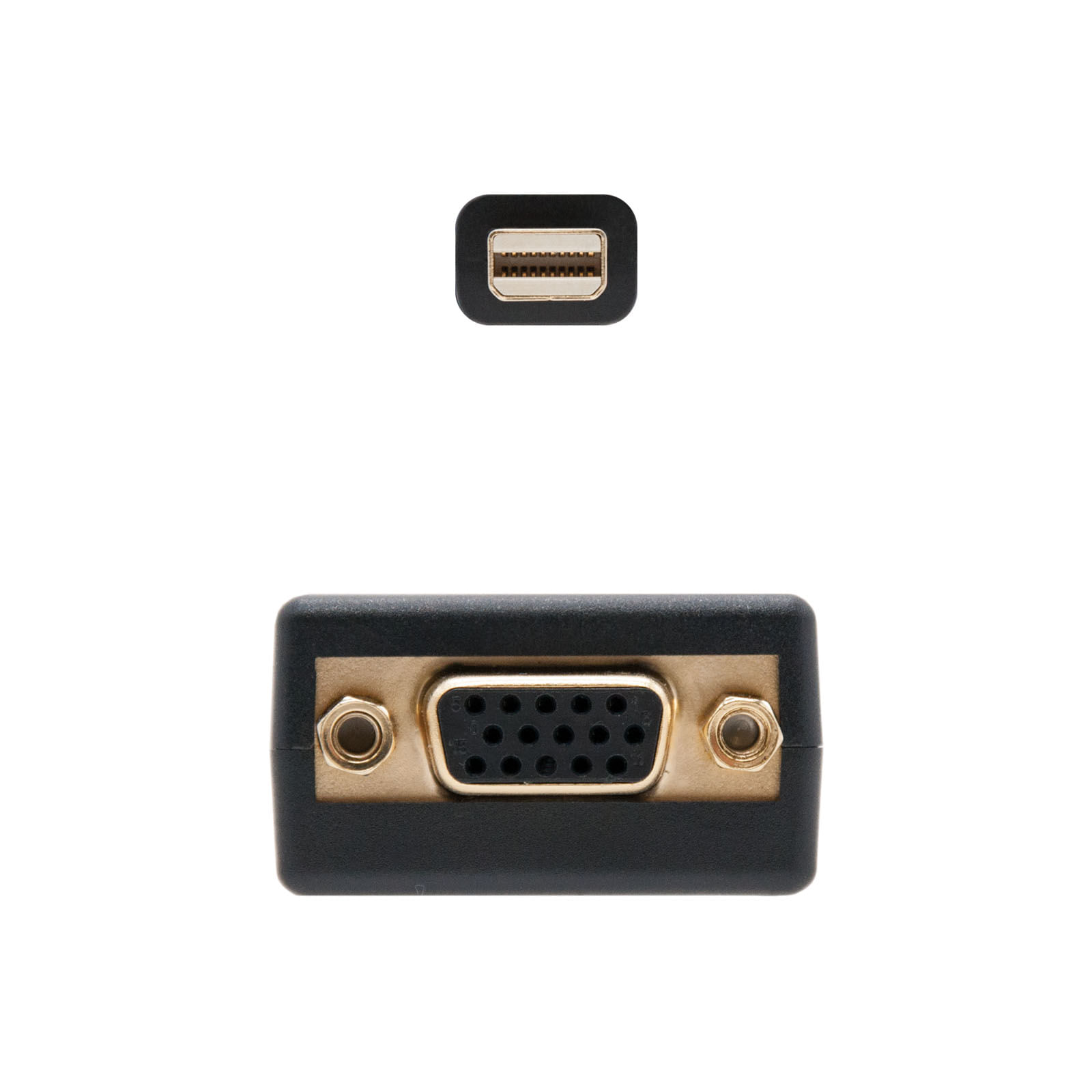 Un adaptador con un mini DisplayPort en la parte superior y un conector VGA en la inferior, ambos negros.