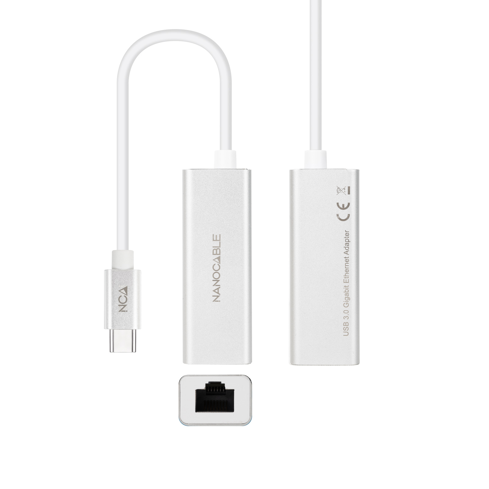 Adaptador Ethernet Gigabit USB 3.0 blanco. Incluye dos bloques plateados, un cable blanco y un puerto Ethernet.