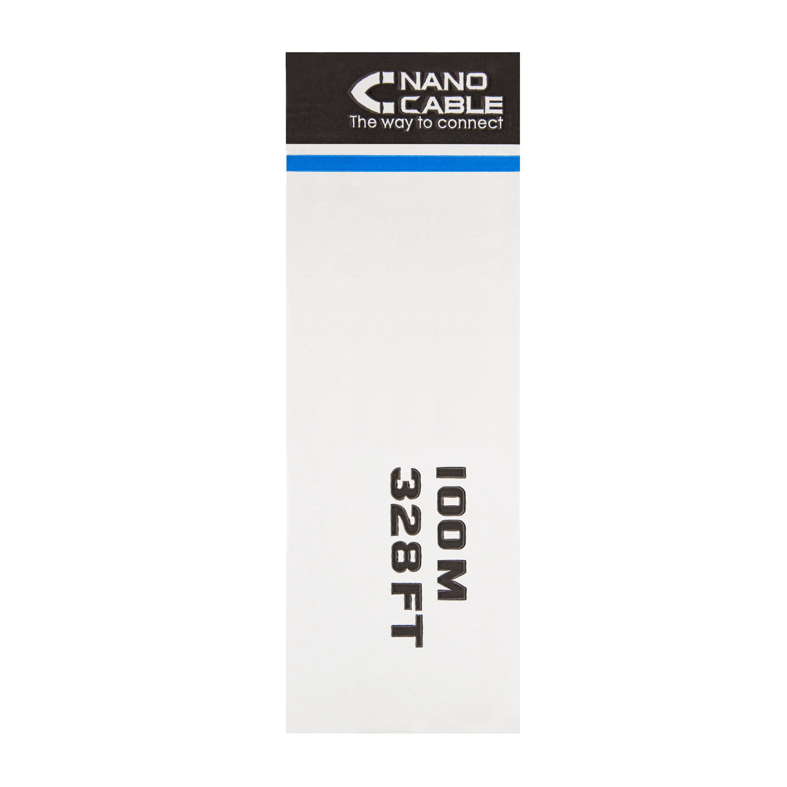 Confezione bianca con logo Nano Cable, striscia blu. Il testo dice 100M 328FT.