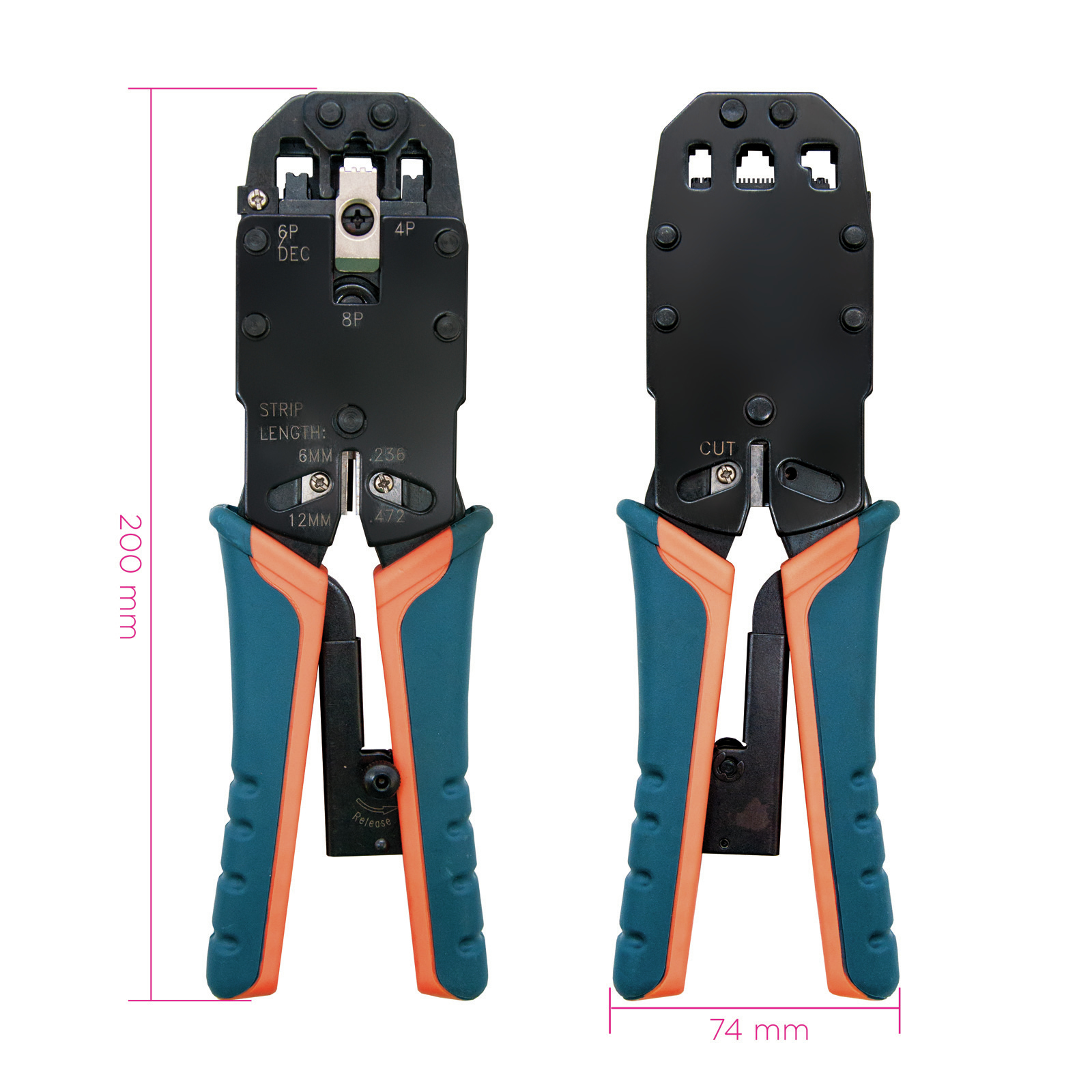 Dos herramientas de crimpado de cables sobre fondo blanco. Cada una tiene mangos azules y agarres naranjas, medidas indicadas.