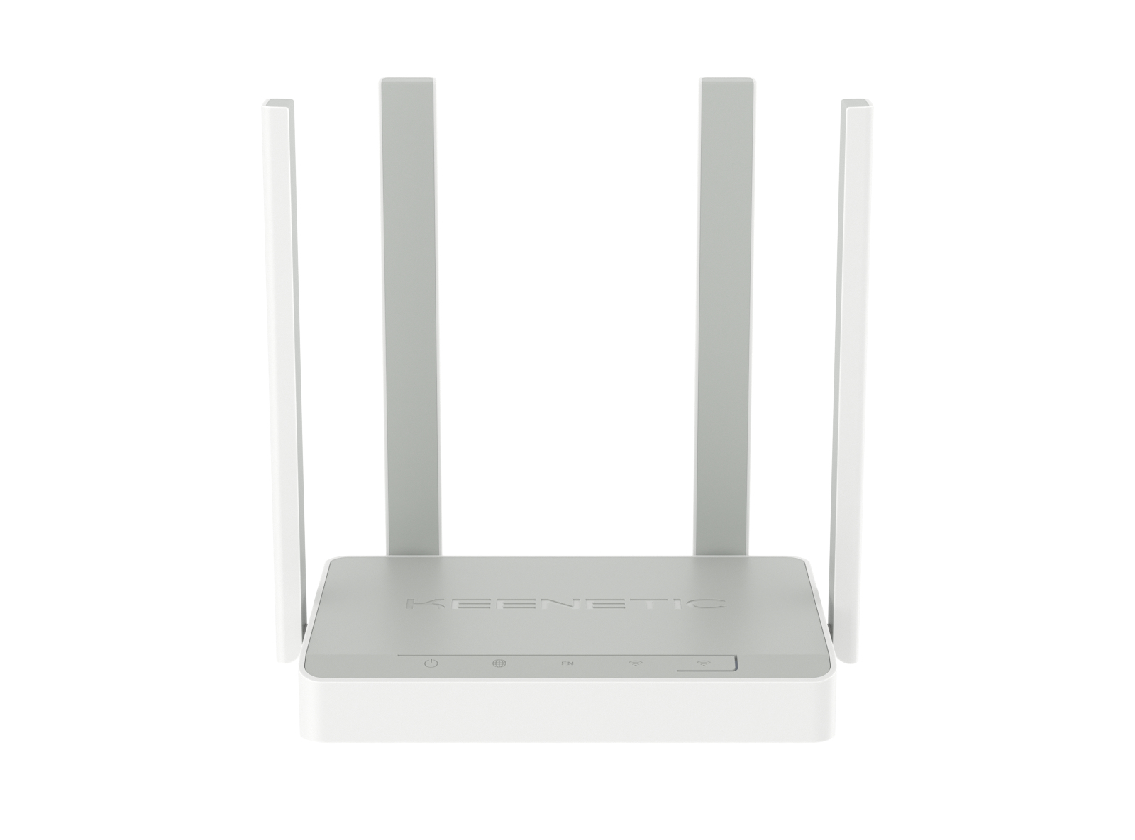 Biały router Keenetic z 4 antenami, szara podstawa. Widoczne ikony zasilania, internetu i Wi-Fi. Czysty, minimalistyczny design.