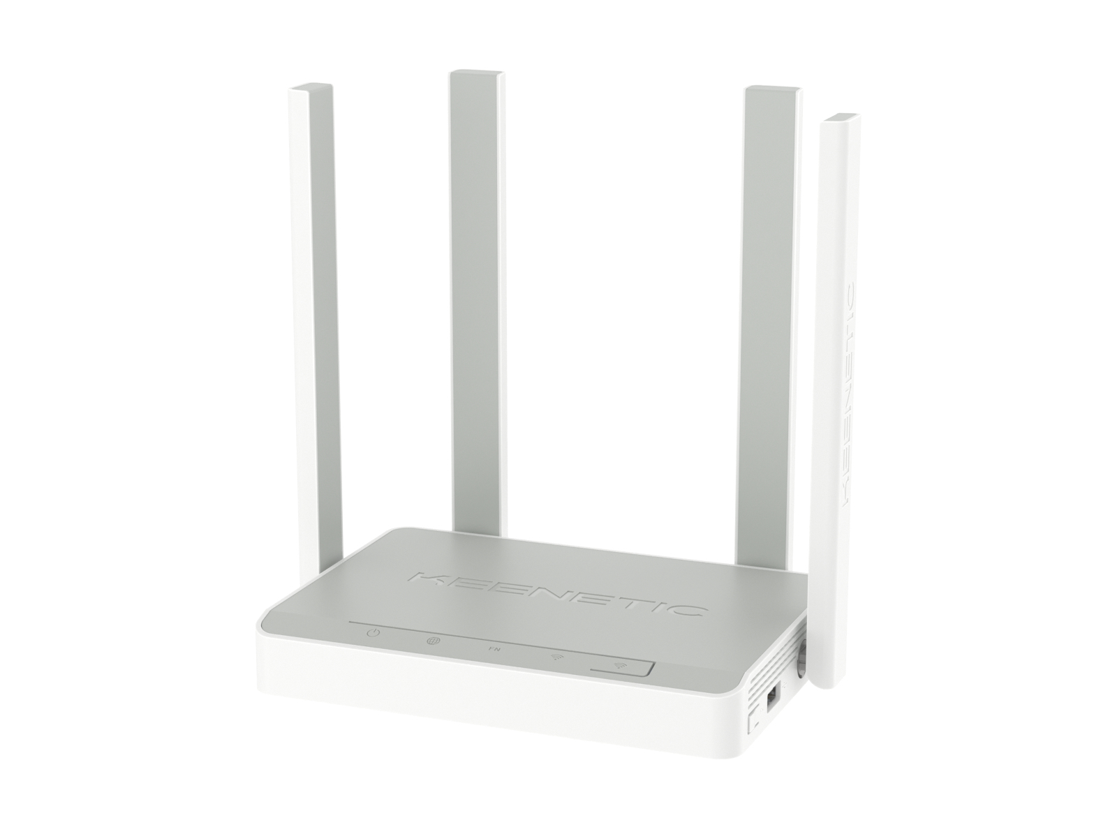 Biało-szary router Keenetic z czterema antenami. Router znajduje się na białym tle.
