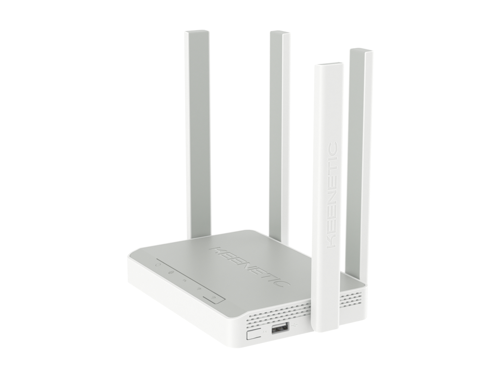 Biało-szary router Keenetic z antenami. Urządzenie na białym tle. Logo widoczne na urządzeniu.