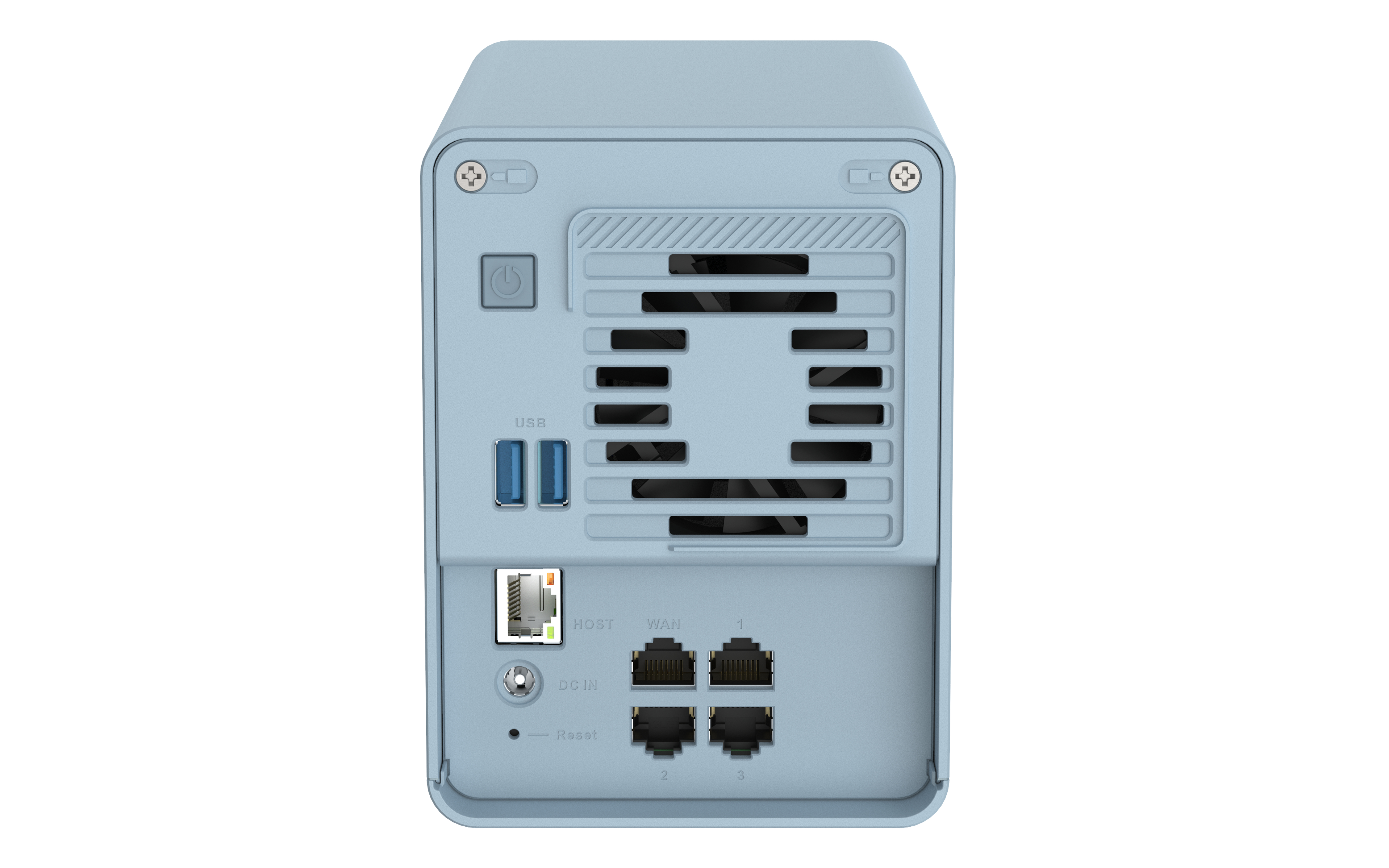 Panel trasero de un dispositivo NAS azul claro. Tiene puertos USB, puertos Ethernet, un botón de encendido y un botón de reinicio.