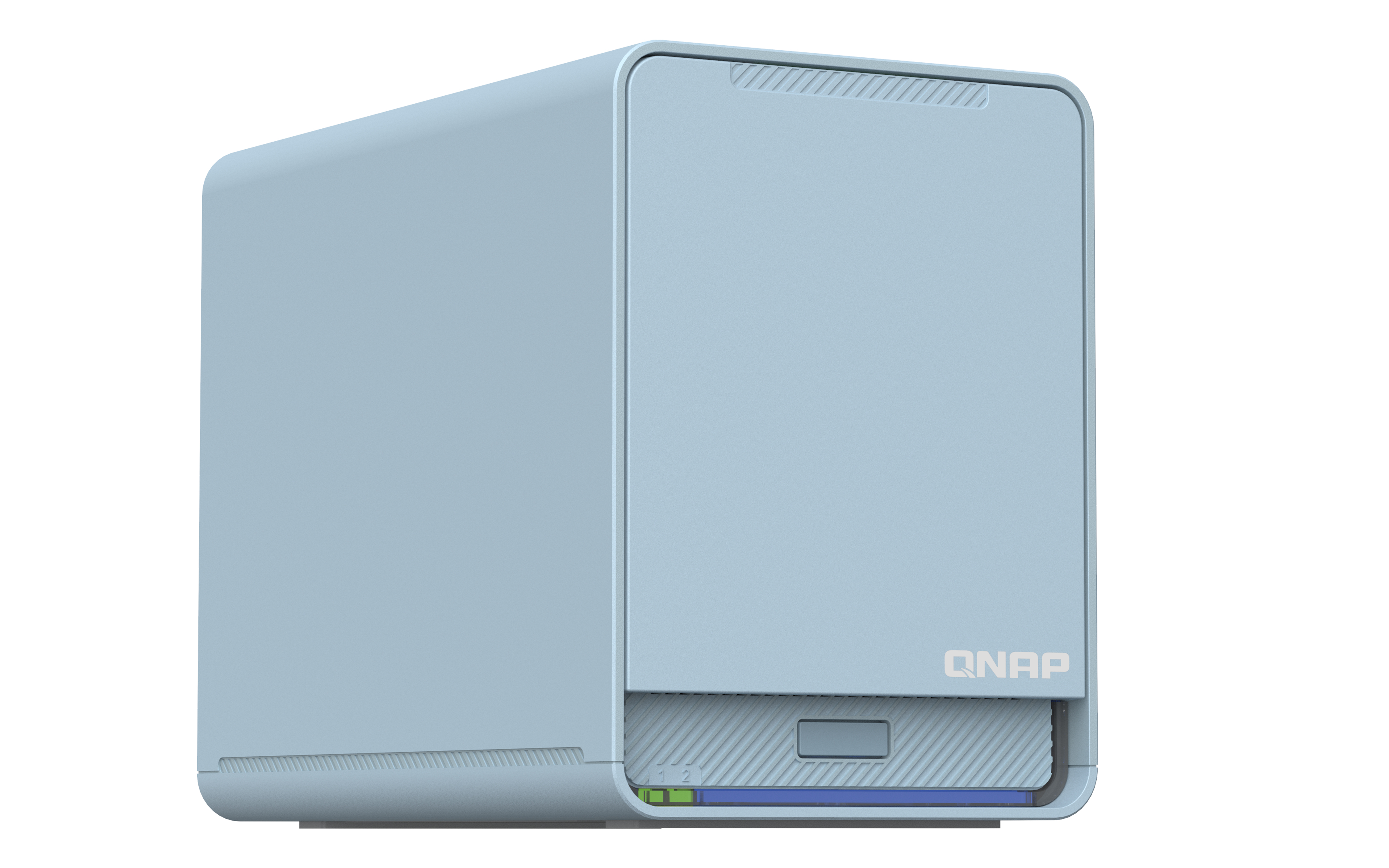 Un dispositivo NAS QNAP azul claro. Tiene un diseño cuadrado con bordes redondeados y el logotipo de QNAP.