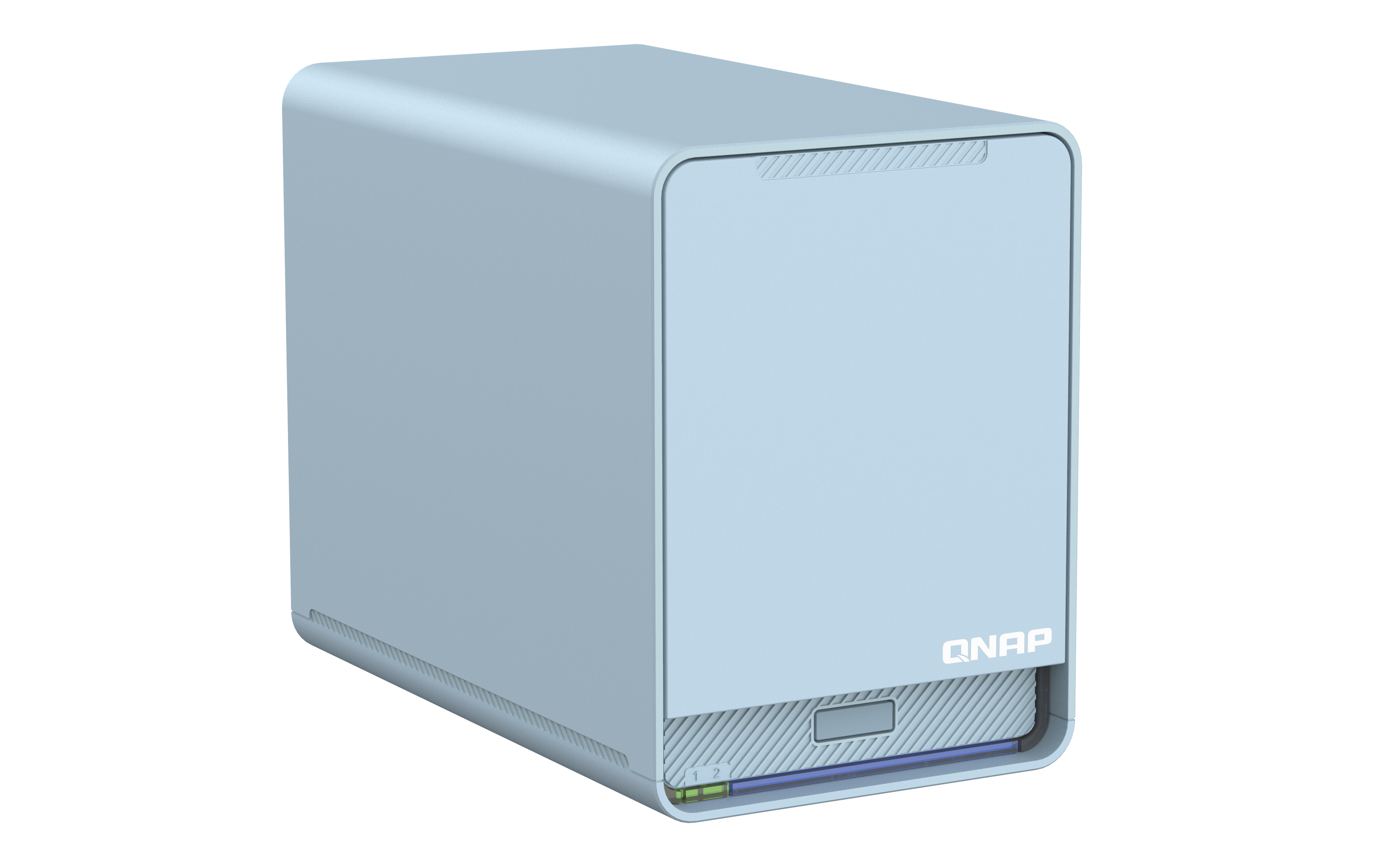 Dispositivo NAS QNAP azul claro sobre fondo blanco. Caja rectangular con esquinas redondeadas. La marca es visible.