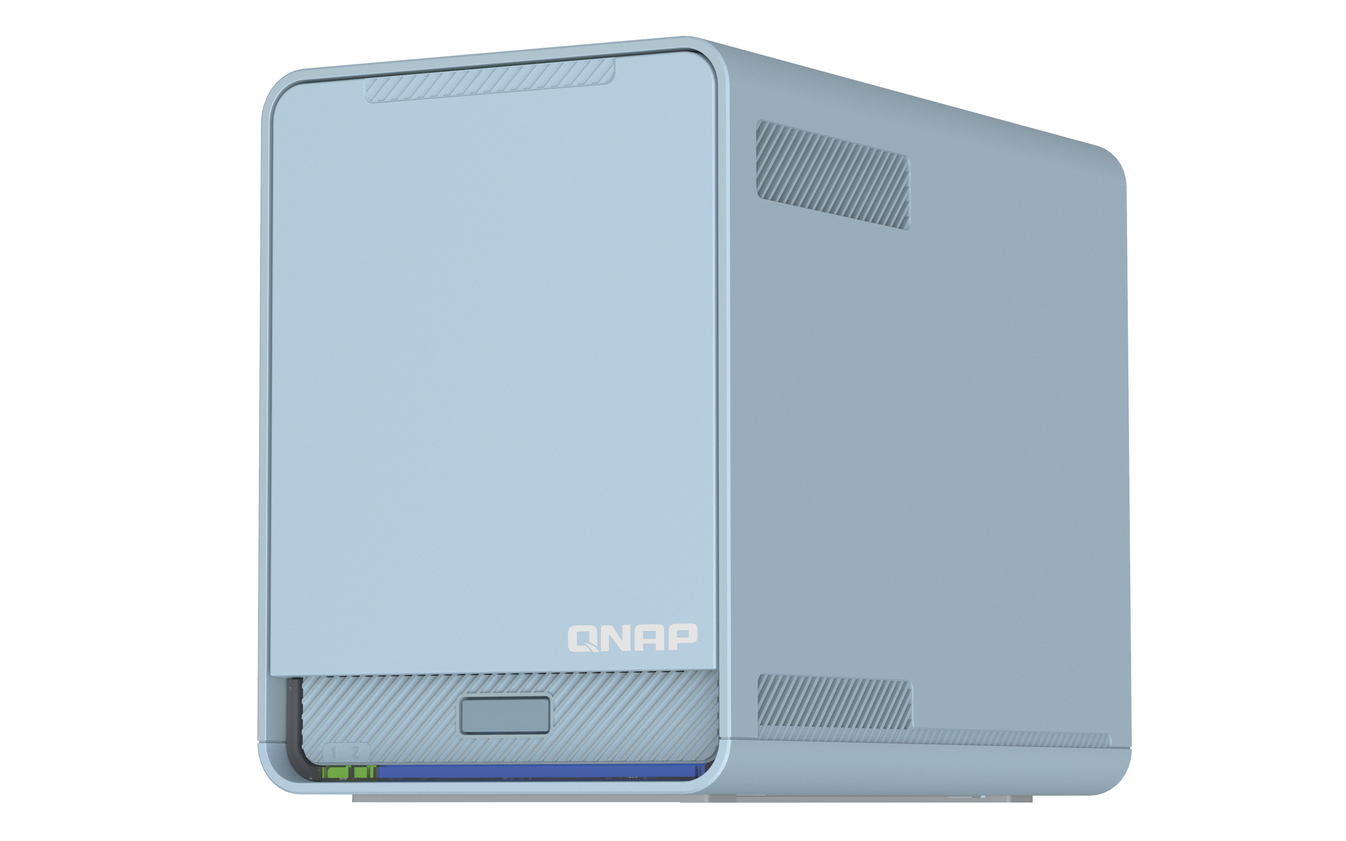 Un dispositivo NAS QNAP azul claro. Tiene un botón de encendido, ventilaciones y la marca es visible.