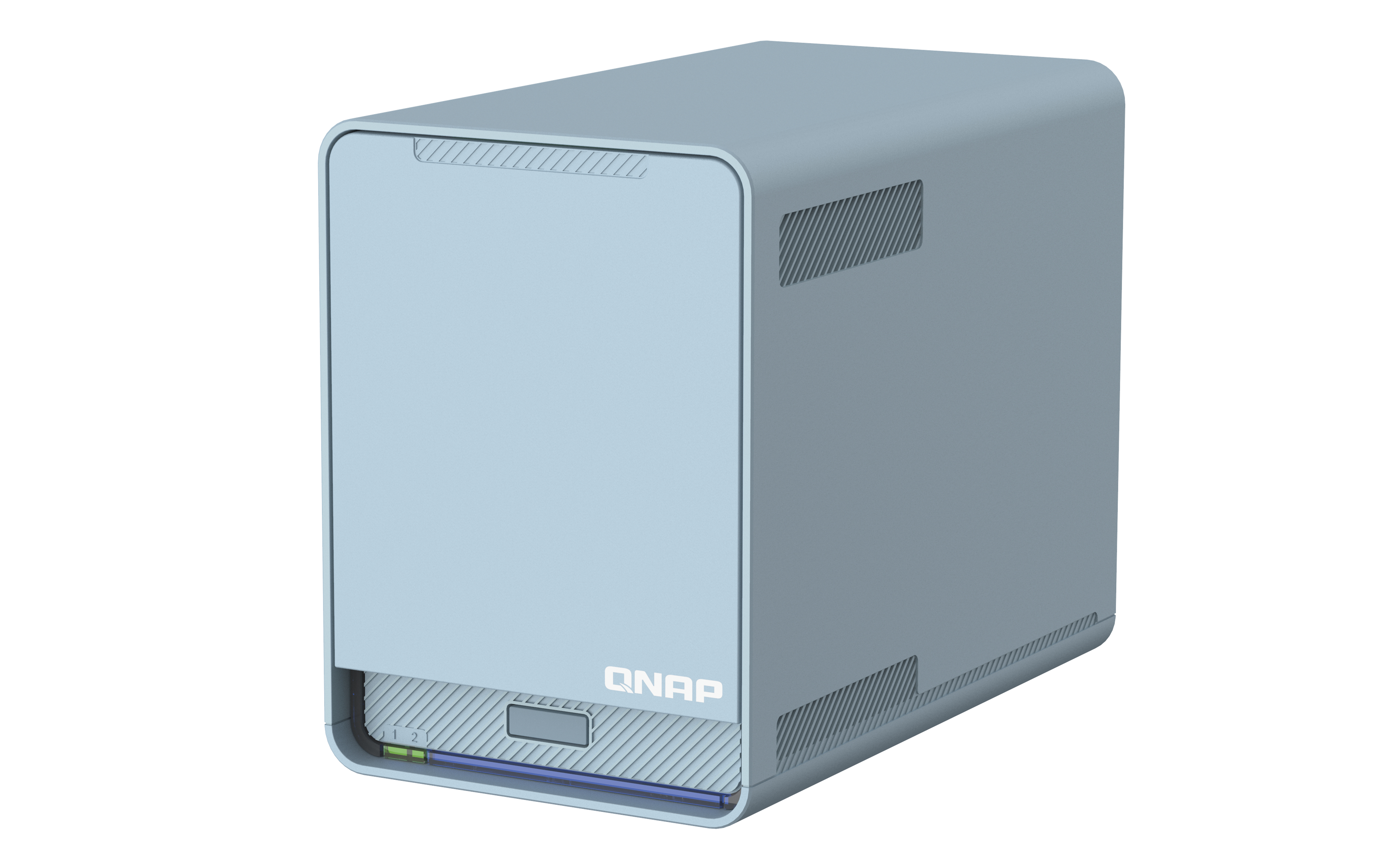 Un dispositivo NAS QNAP azul claro. Tiene forma rectangular con esquinas redondeadas. El logotipo QNAP es visible.