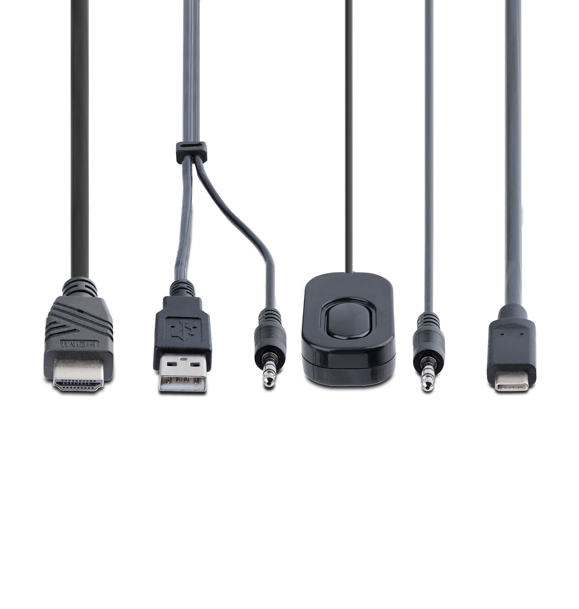 Das Bild zeigt fünf schwarze Kabel mit unterschiedlichen Anschlüssen. HDMI, USB, Audiobuchse, eine Switchbox und USB-C-Anschlüsse.