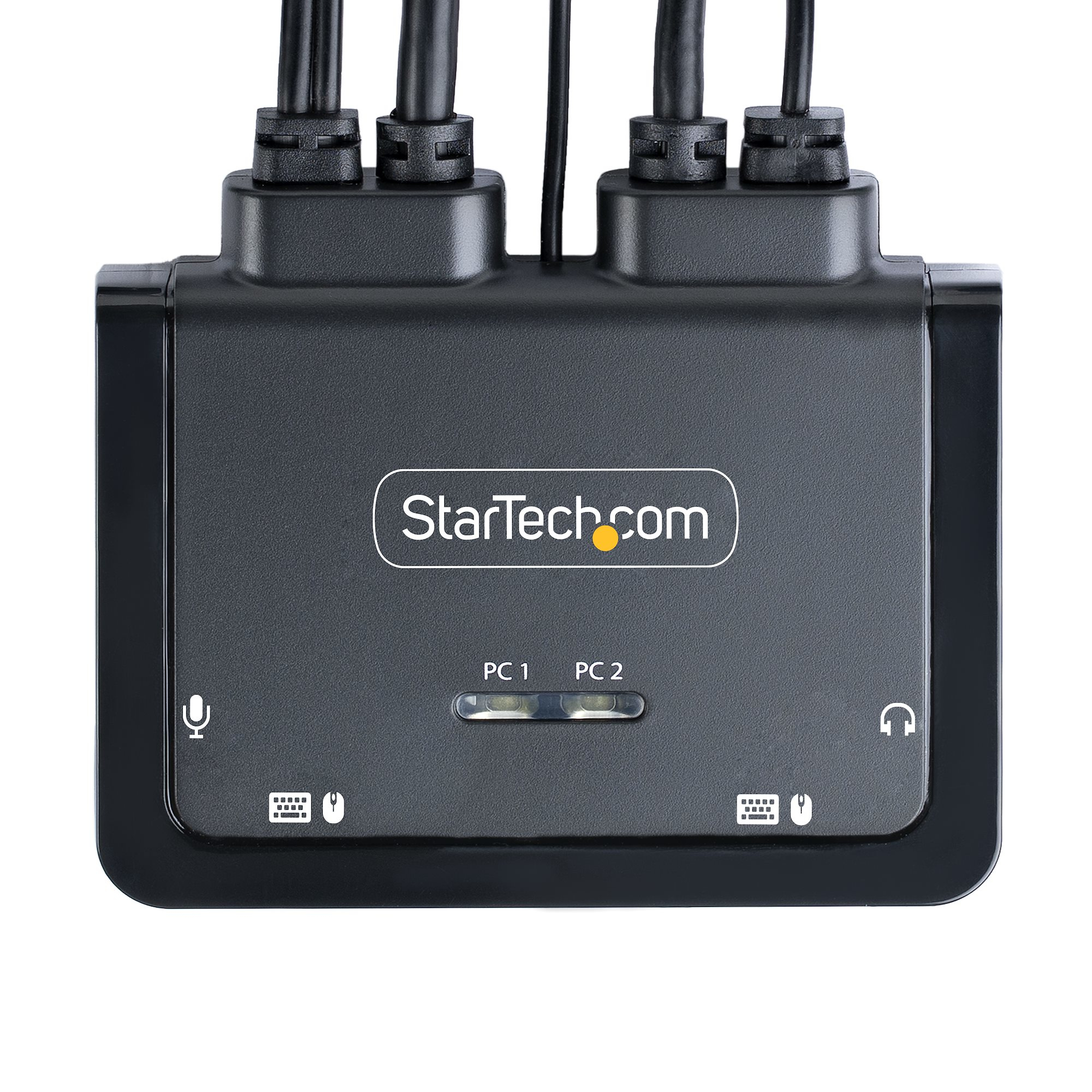 Schwarzes StarTech.com-Gerät mit Kabeln. Hat Mikrofon-, Tastatur-, Maus- und Kopfhörersymbole. Ein Schalter für PC1 und PC2 ist vorhanden.