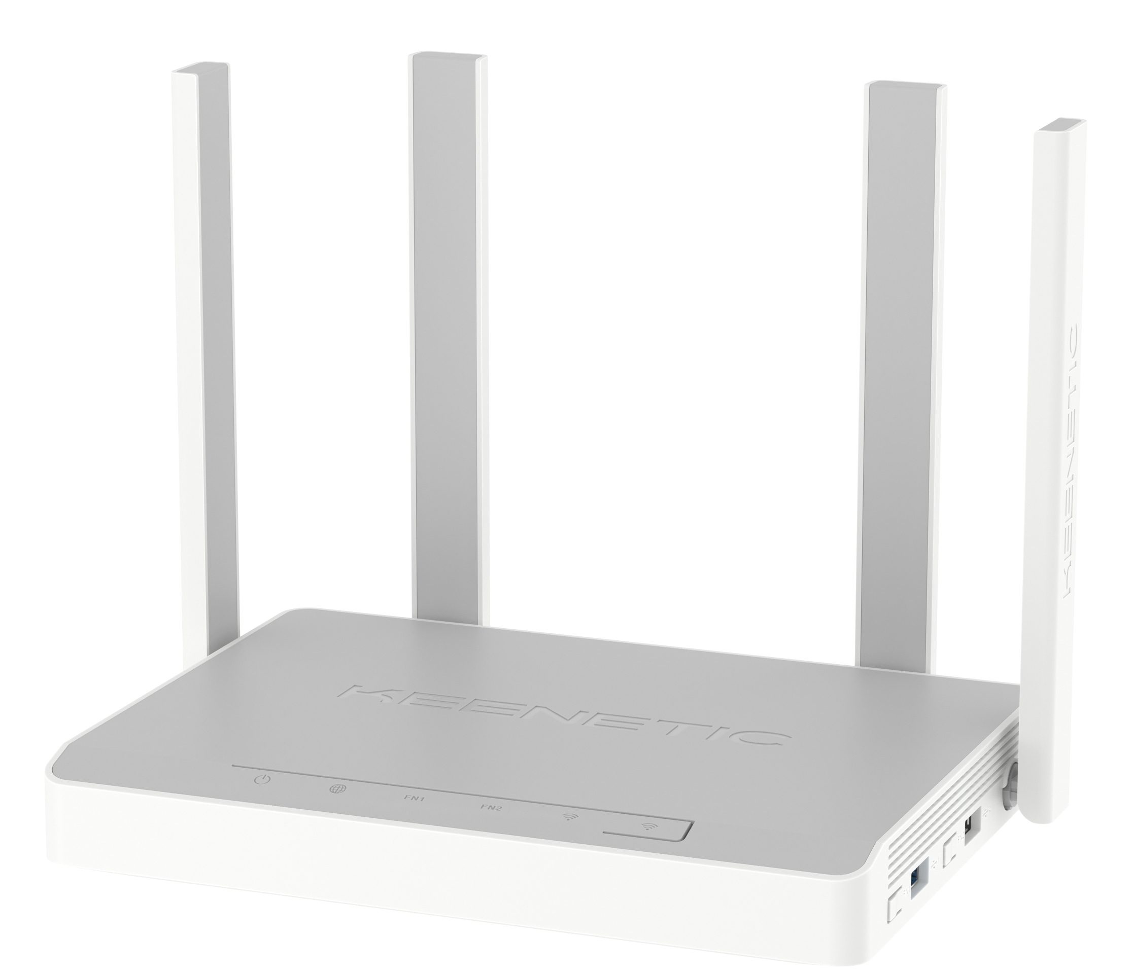 Biało-szary router Keenetic z czterema antenami. Router ma porty i przyciski z przodu.