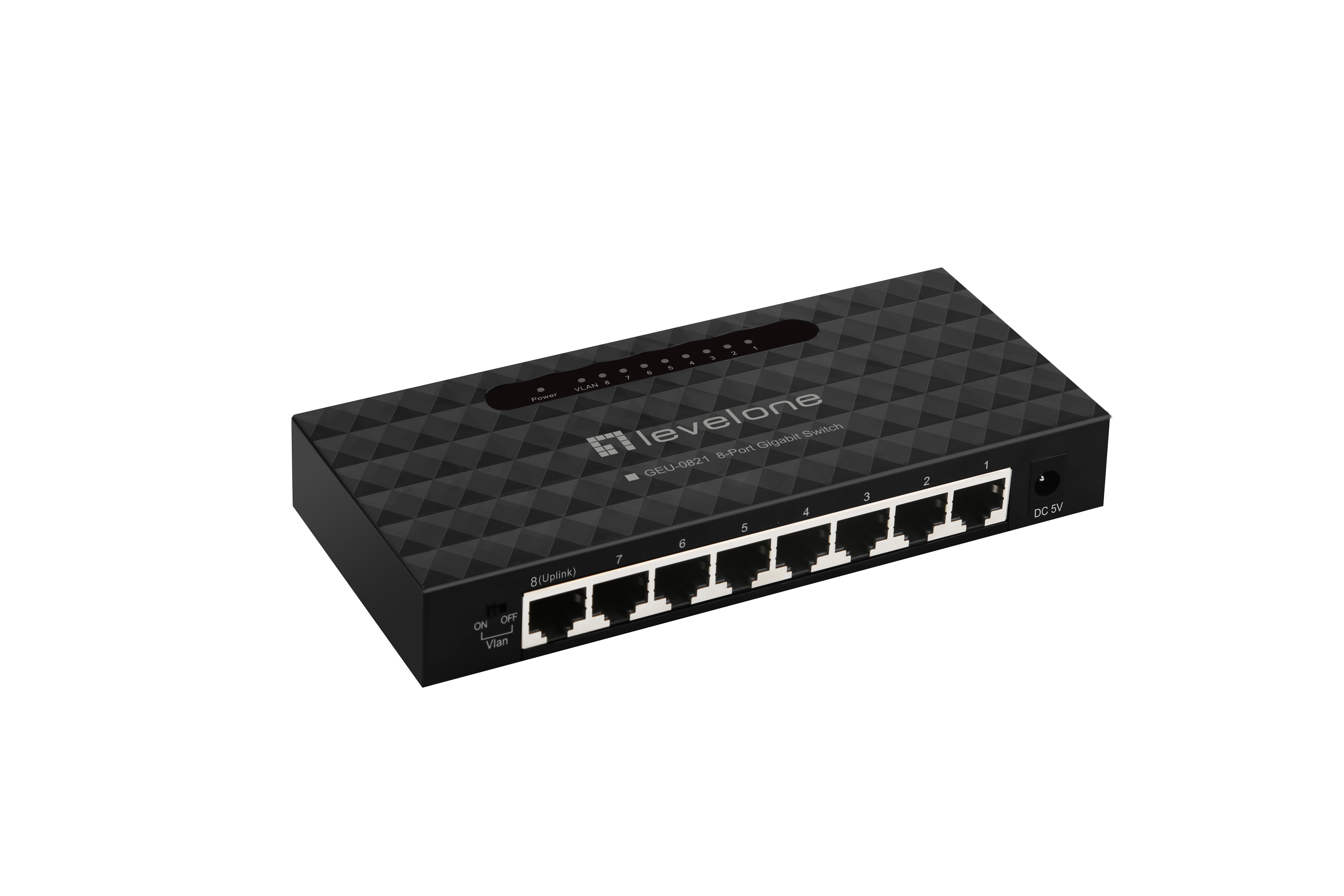 Schwarzer LevelOne 8-Port Gigabit Switch. Hat mehrere Anschlüsse, Strom- und VLAN-Anzeigen.