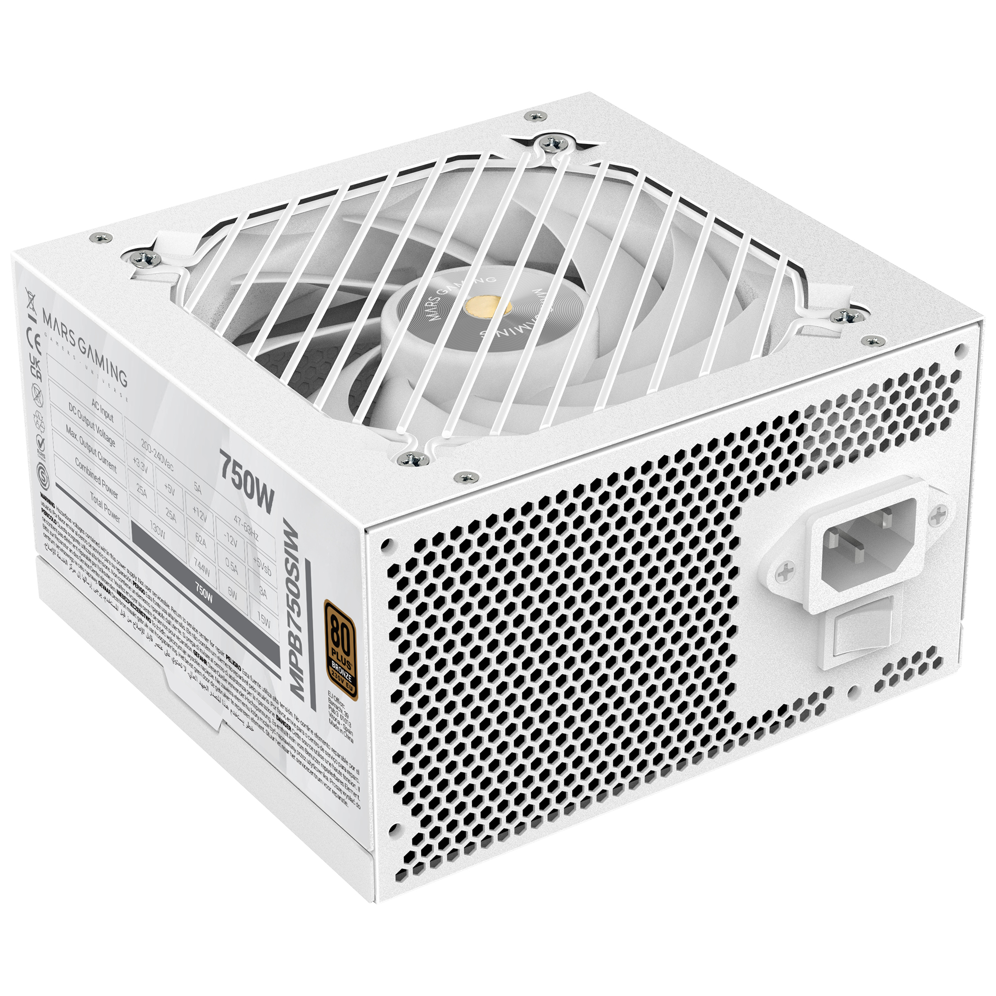 Ein weißes Mars Gaming 750W Netzteil. Es hat einen Lüfter und eine Wabenbelüftung. Das 80 Plus Bronze Logo ist sichtbar.