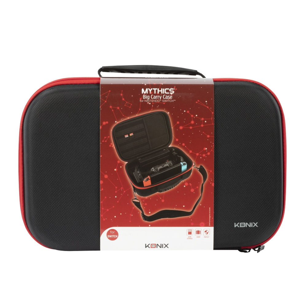 Eine schwarz-rote Mythics-Tragetasche für Nintendo Switch. Die Tasche ist geöffnet und zeigt eine Switch und Zubehör.