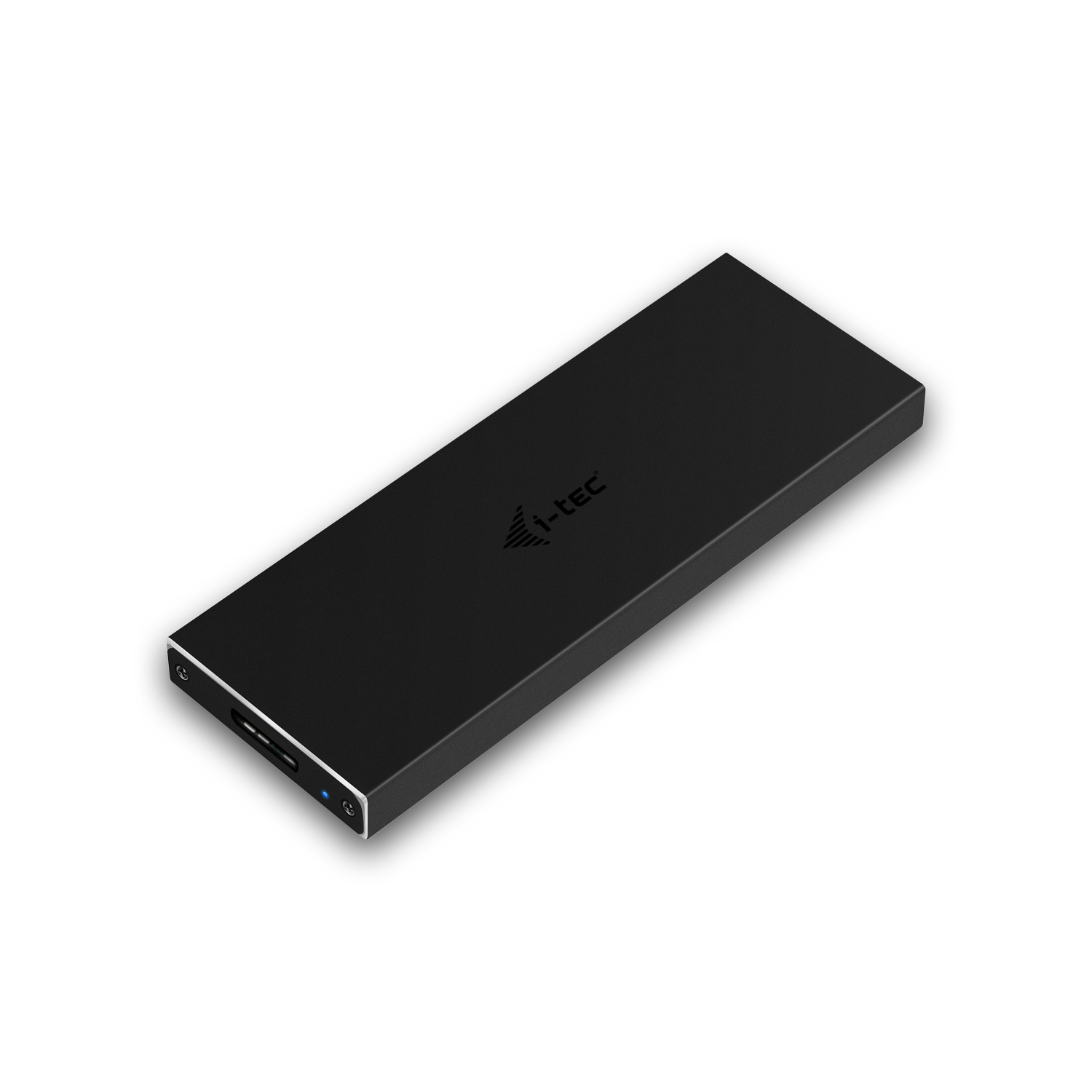 Eine schwarze, rechteckige externe Festplatte auf weißem Hintergrund. Der Markenname 'i-tec' ist sichtbar.
