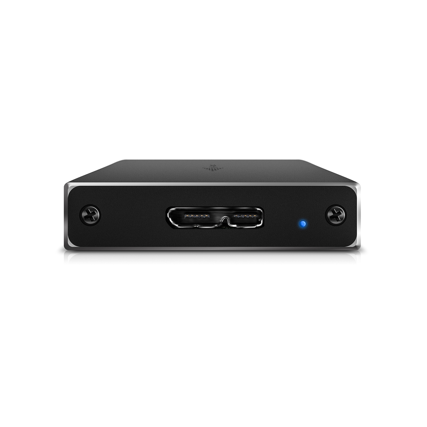 Ein schwarzes rechteckiges Gerät mit HDMI-Anschluss und blauer Power-LED vor weißem Hintergrund.
