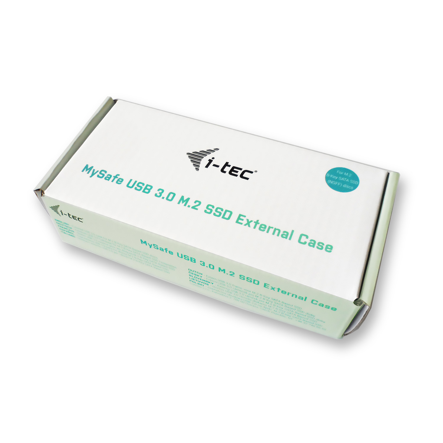 Eine weiße Schachtel mit 'i-tec' und Produktinfo auf weißem Untergrund. Text: 'MySafe USB 3.0 M.2 SSD External Case'.