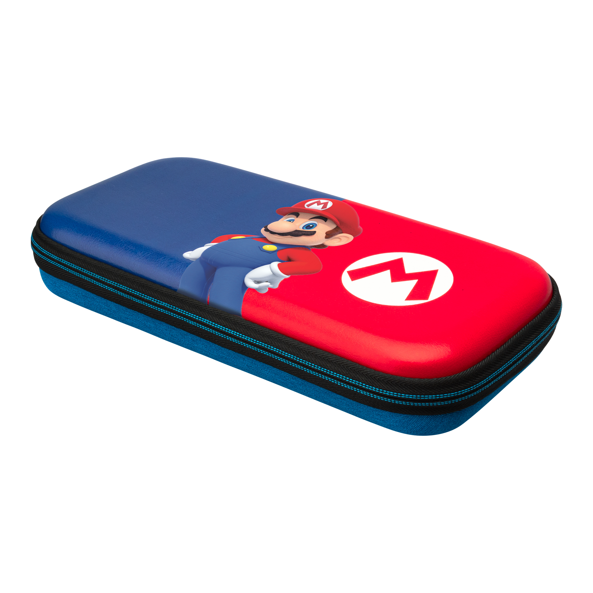 Niebiesko-czerwone etui z motywem Mario. Mario jest na etui. Posiada czarny zamek błyskawiczny i niebieskie boki.