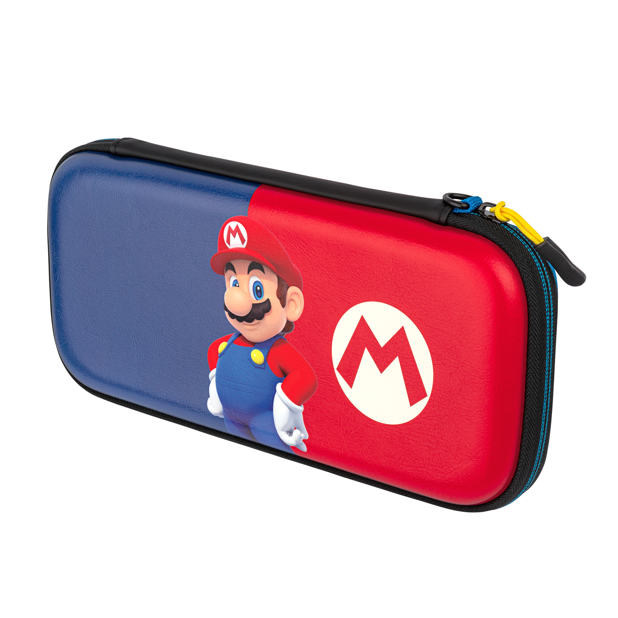 Niebiesko-czerwone etui na Nintendo Switch z Mario. Etui ma zamek błyskawiczny i żółty suwak.