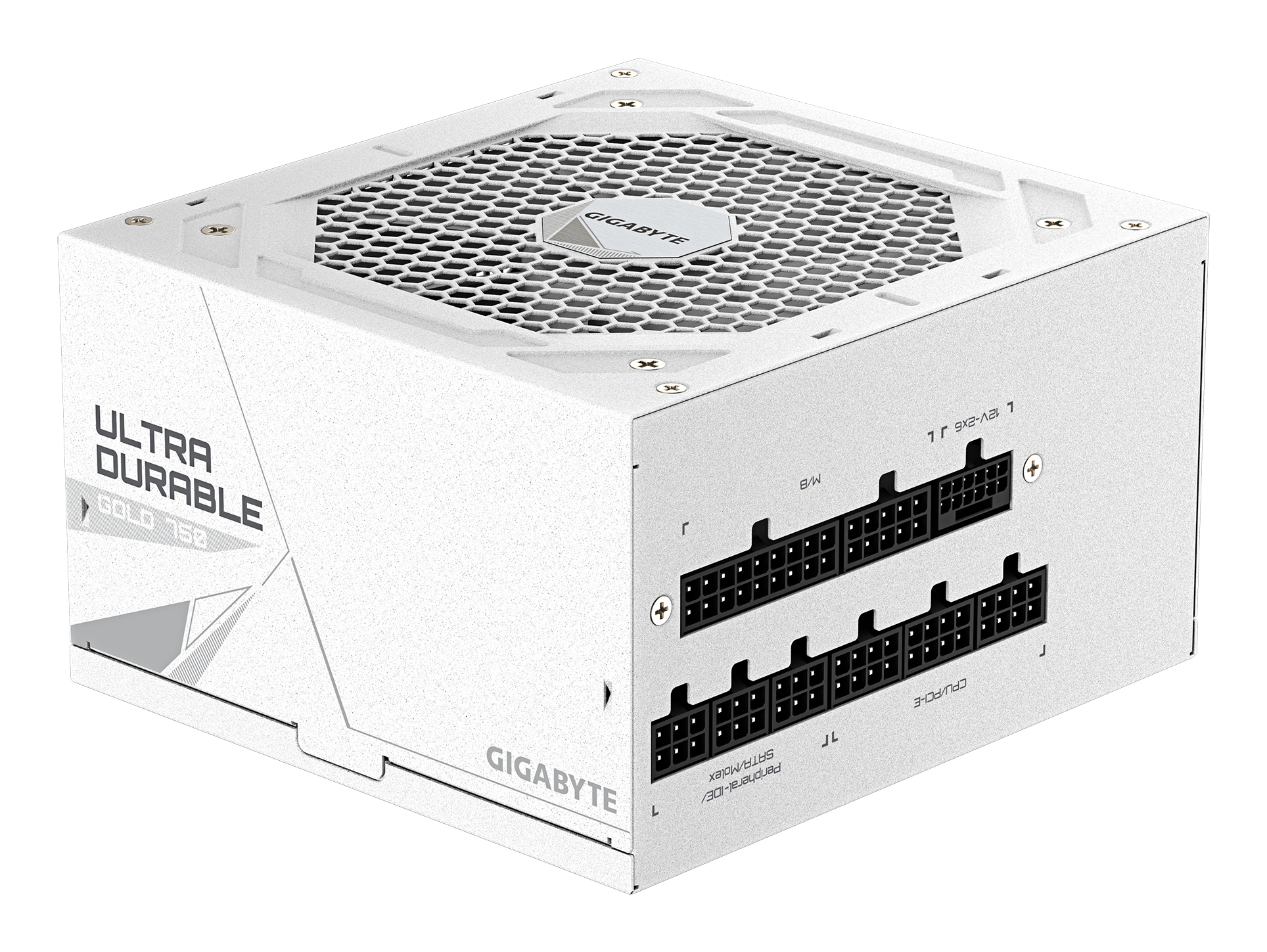 A white Gigabyte Ultra Durable Gold 750 power supply unit. It has multiple ports and a honeycomb vent.