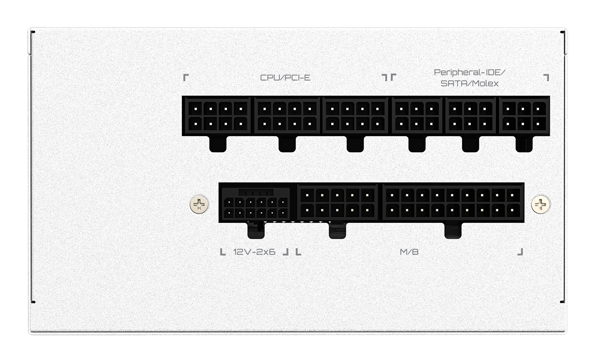 Biały zasilacz z wieloma czarnymi złączami oznaczonymi CPU/PCI-E, Peripheral-IDE/SATA/Molex i 12V-2x6.