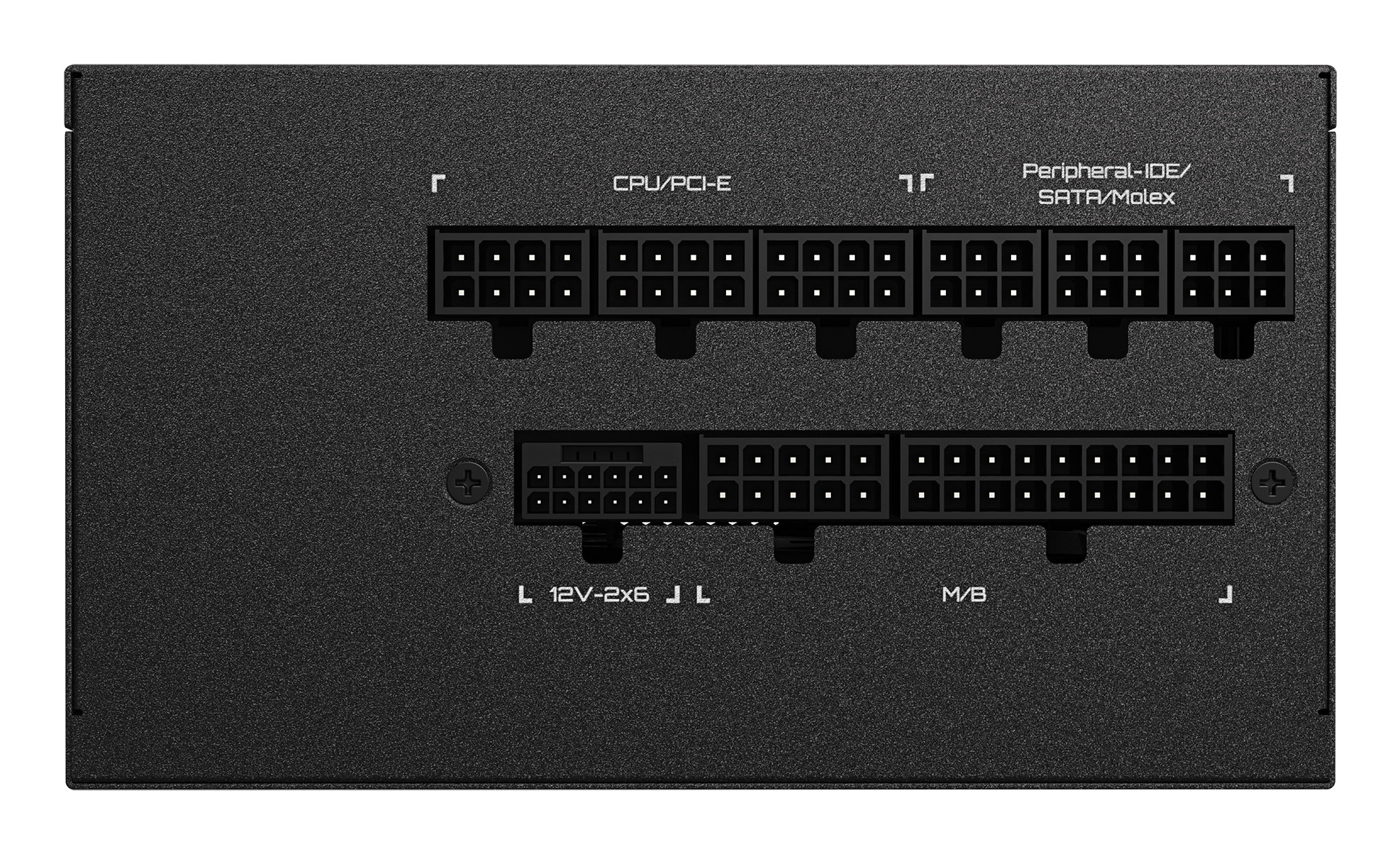 Zbliżenie czarnego zasilacza z różnymi portami złącza oznaczonymi CPU/PCI-E, Peripheral-IDE/SATA/Molex i 12V-2x6.