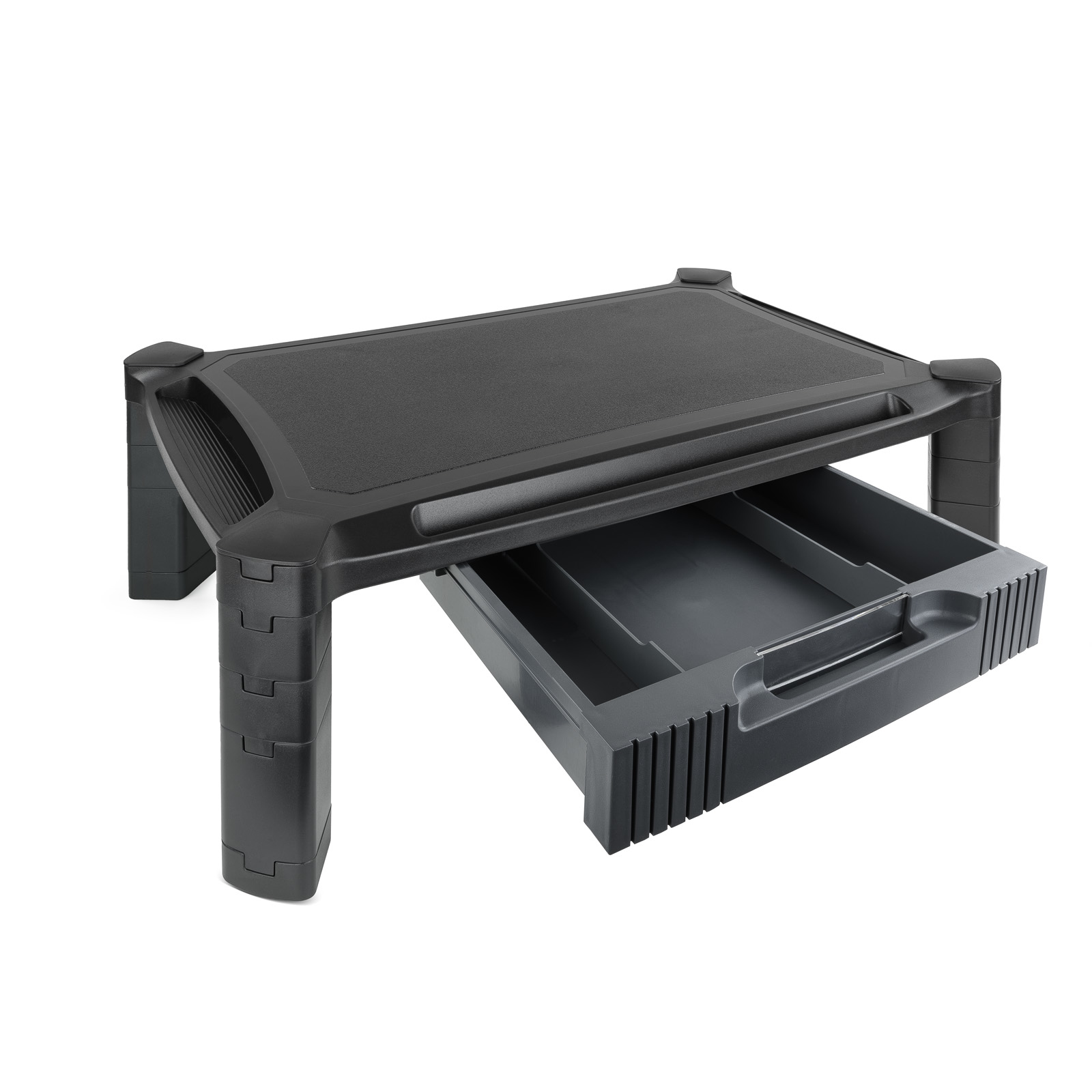 Un soporte negro para monitor con un cajón. El soporte tiene una parte superior texturizada y cuatro patas. El cajón está extraído.