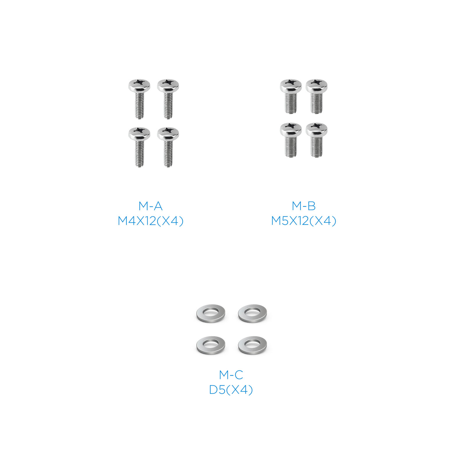 Obraz przedstawia śruby i podkładki. Górny rząd: 4 śruby. Środkowy rząd: 4 śruby. Dół: 4 podkładki. Oznaczone M-A, M-B, M-C.
