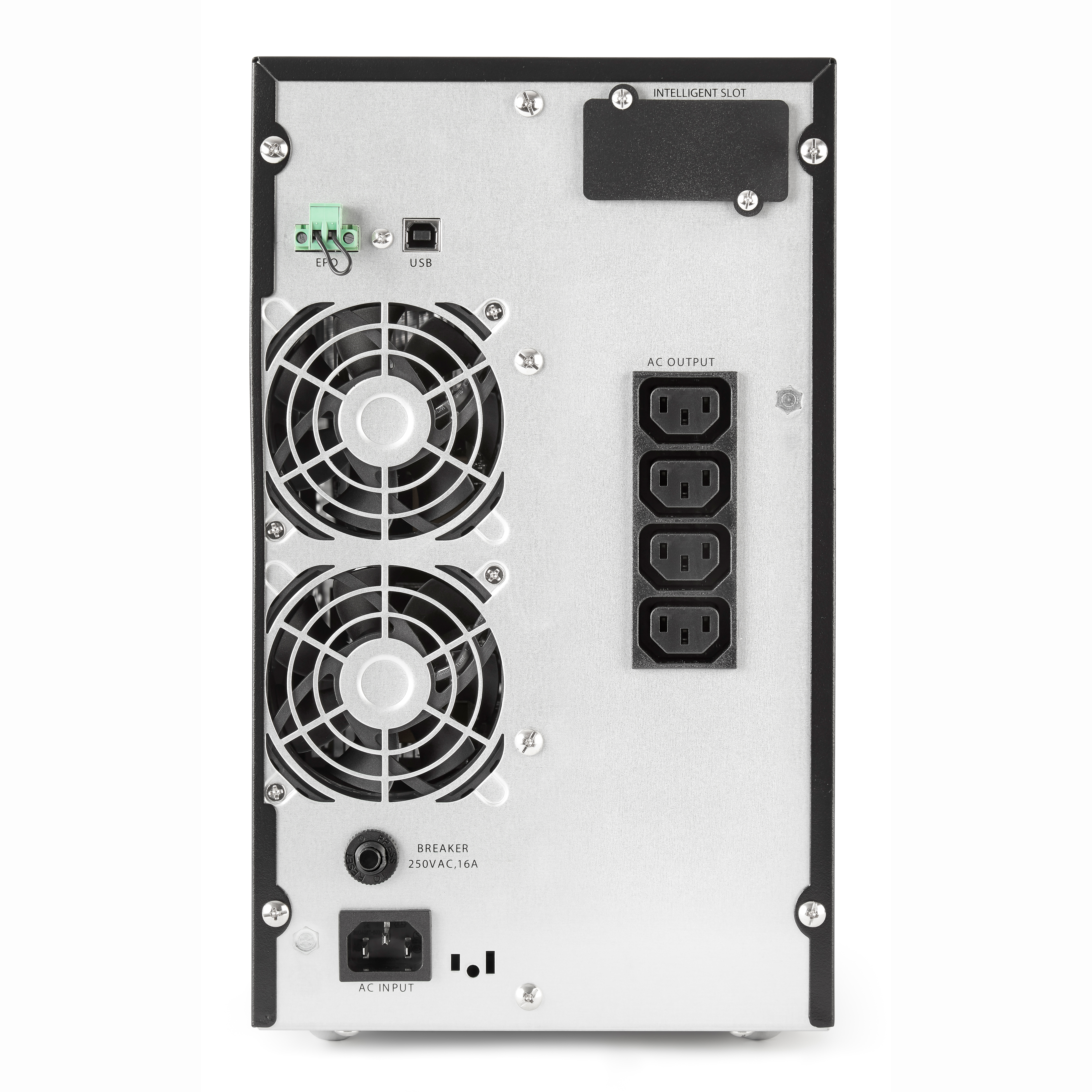 Panel trasero de un dispositivo con ventiladores, enchufes, USB y conectores. Esquema de color negro y plateado.