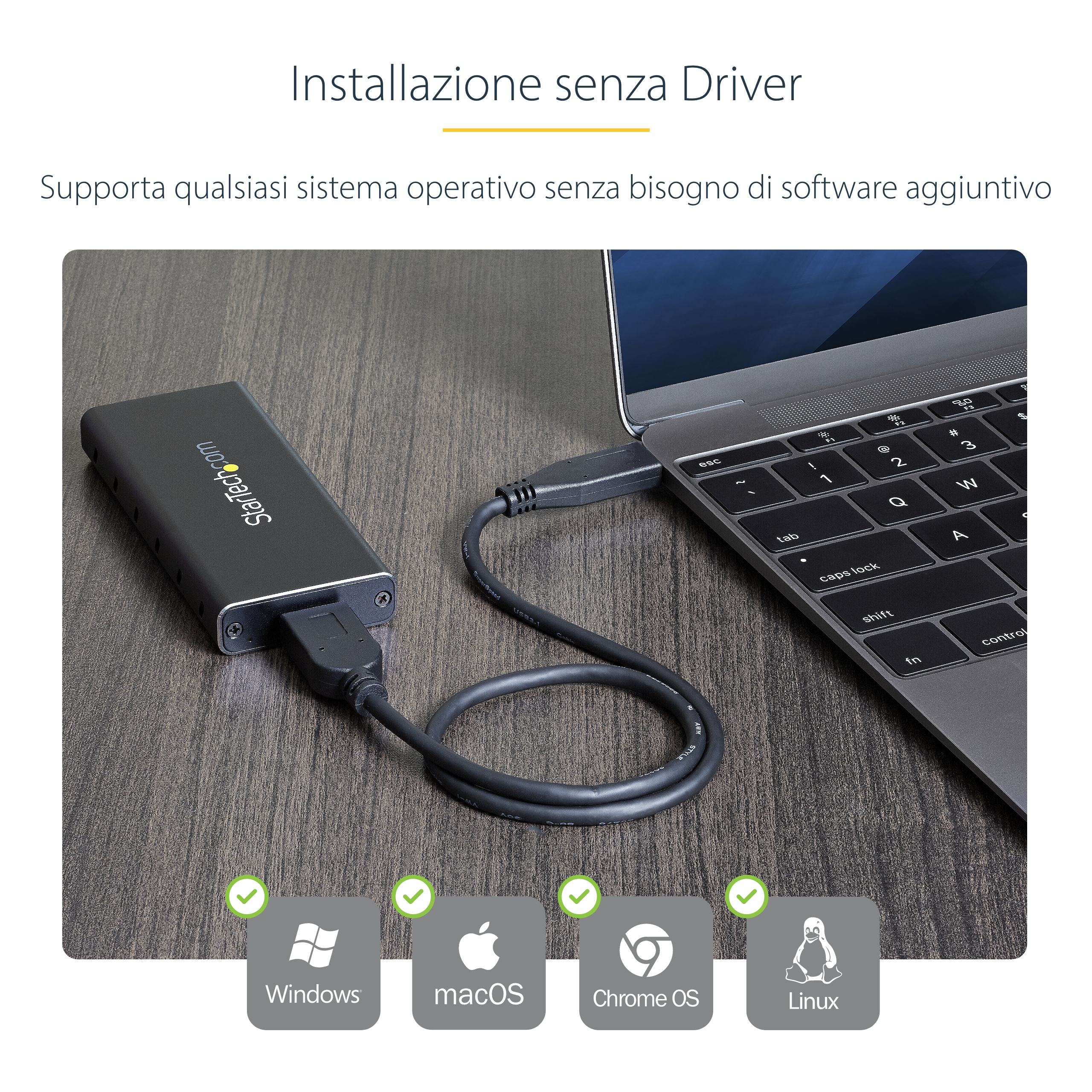 Un portátil conectado a un disco duro externo mediante un cable USB, con iconos de SO.