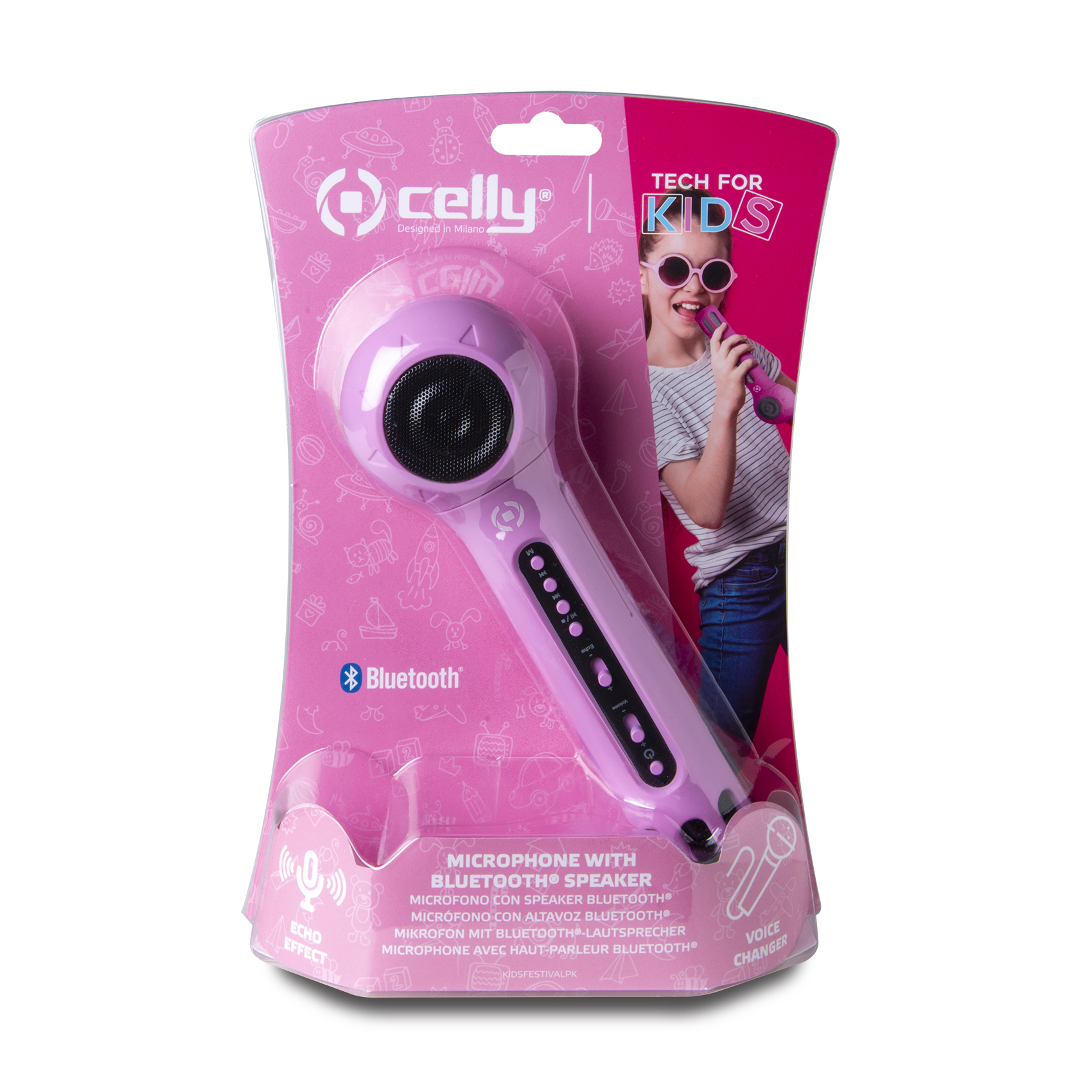 Ein pinkfarbenes Mikrofon mit Lautsprecher in Verpackung. Ein Mädchen mit Sonnenbrille hält ein weiteres Mikrofon.